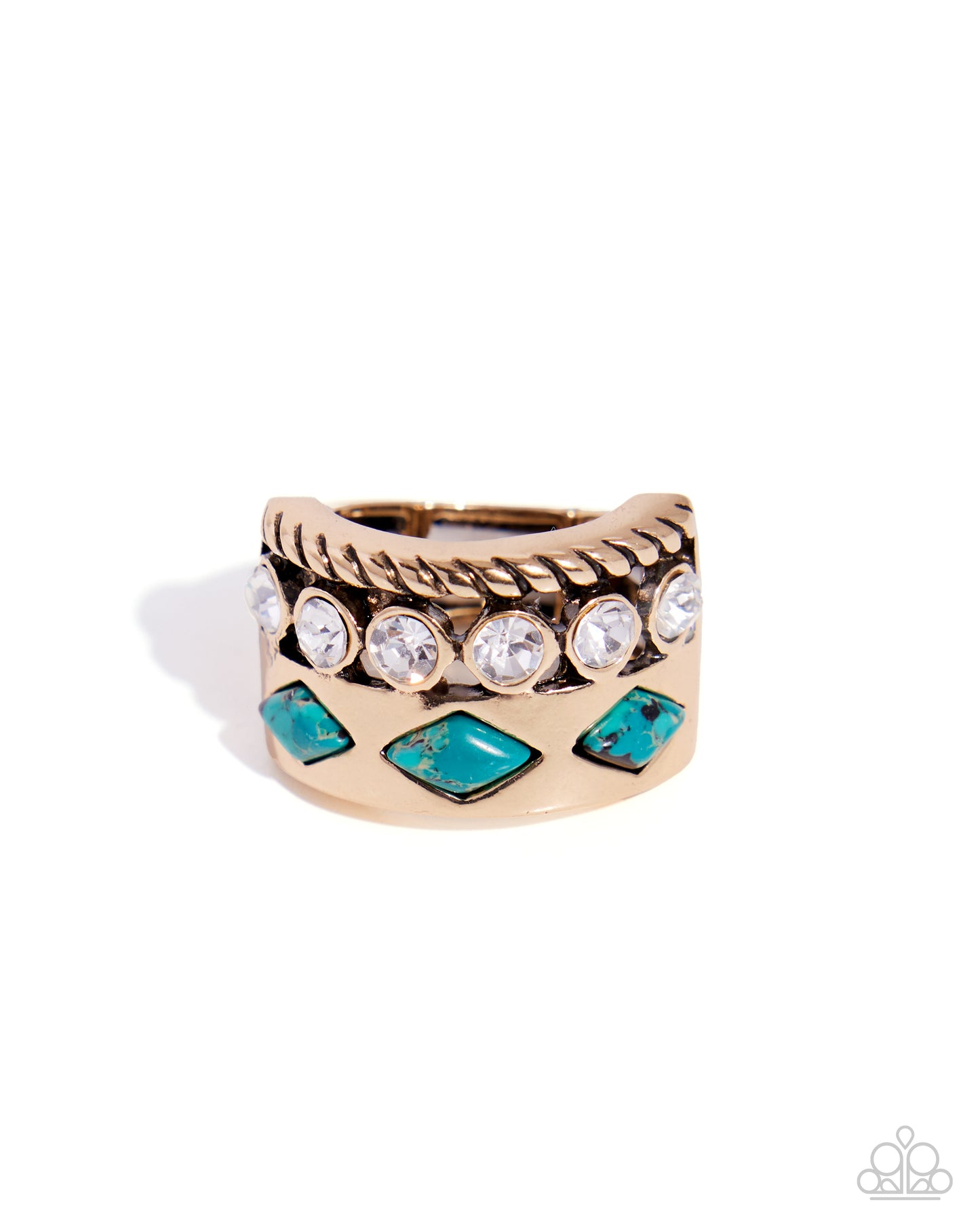 A gold-toned wide band ring featuring a twisted rope texture, clear round crystals, and turquoise-colored diamond-shaped stones, shown on a white background.