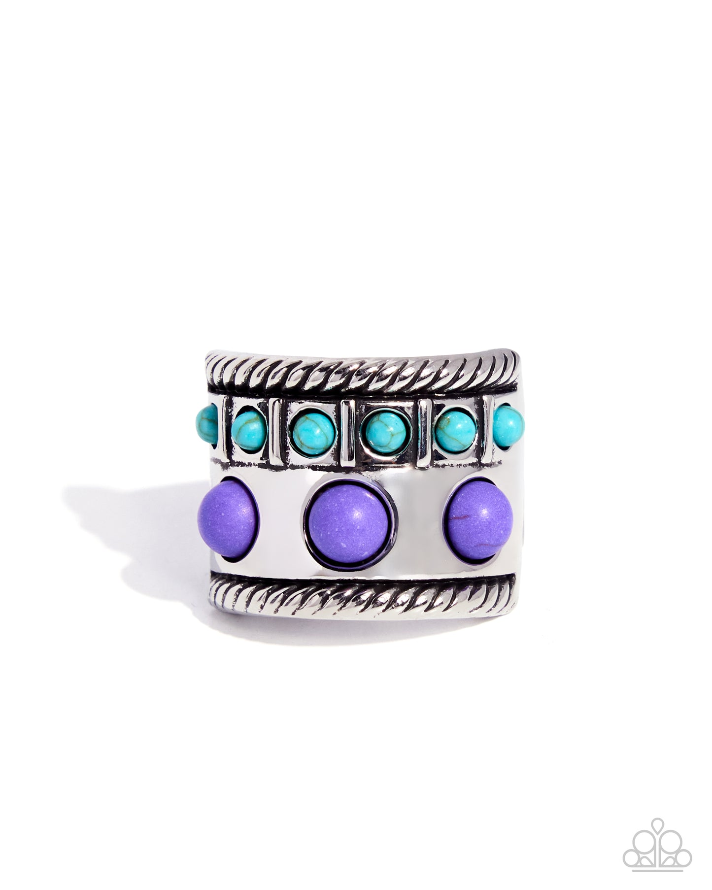 A wide silver-toned band ring featuring a top row of small turquoise-blue stones and a lower row of larger purple oval stones, set against a plain white background.