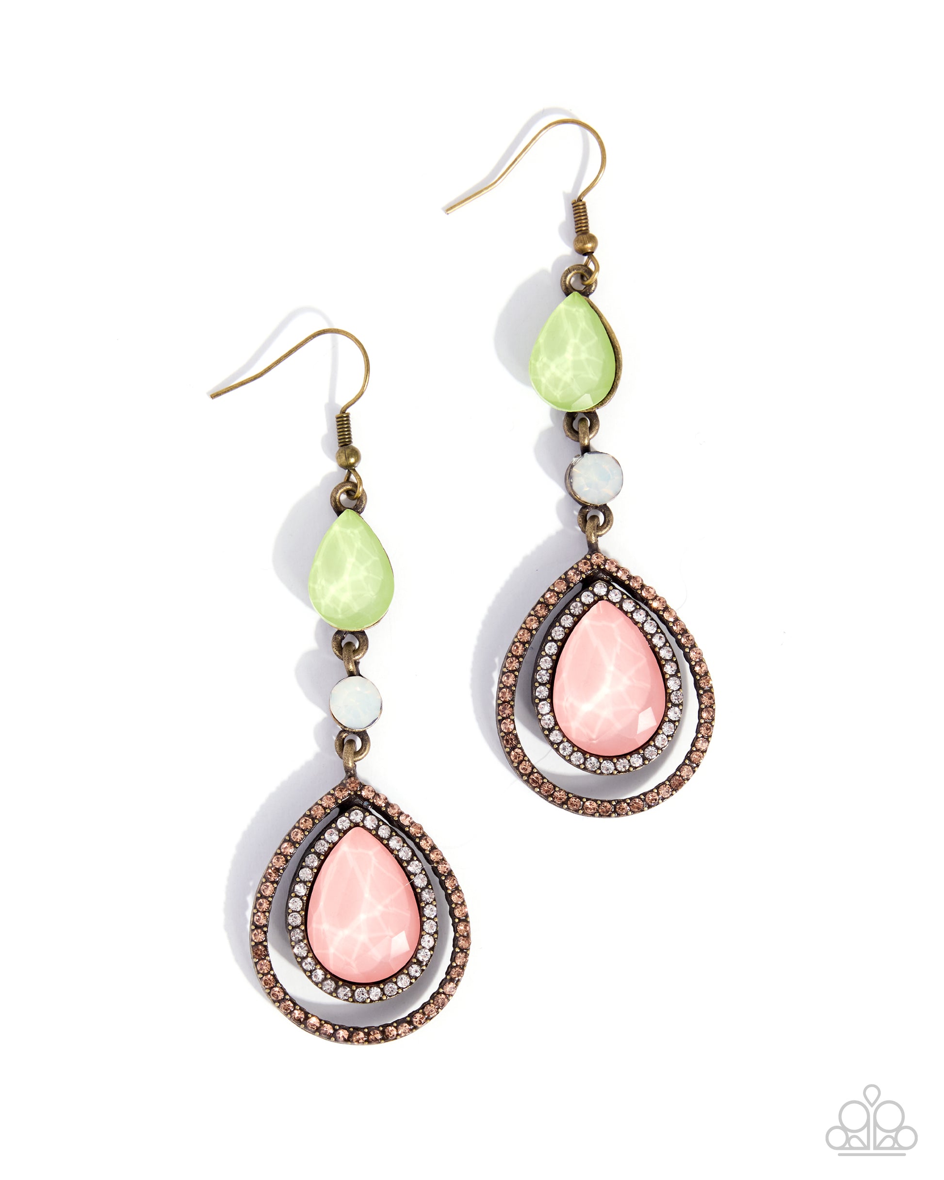 Pair of earrings with pink and green teardrop stones on a white background