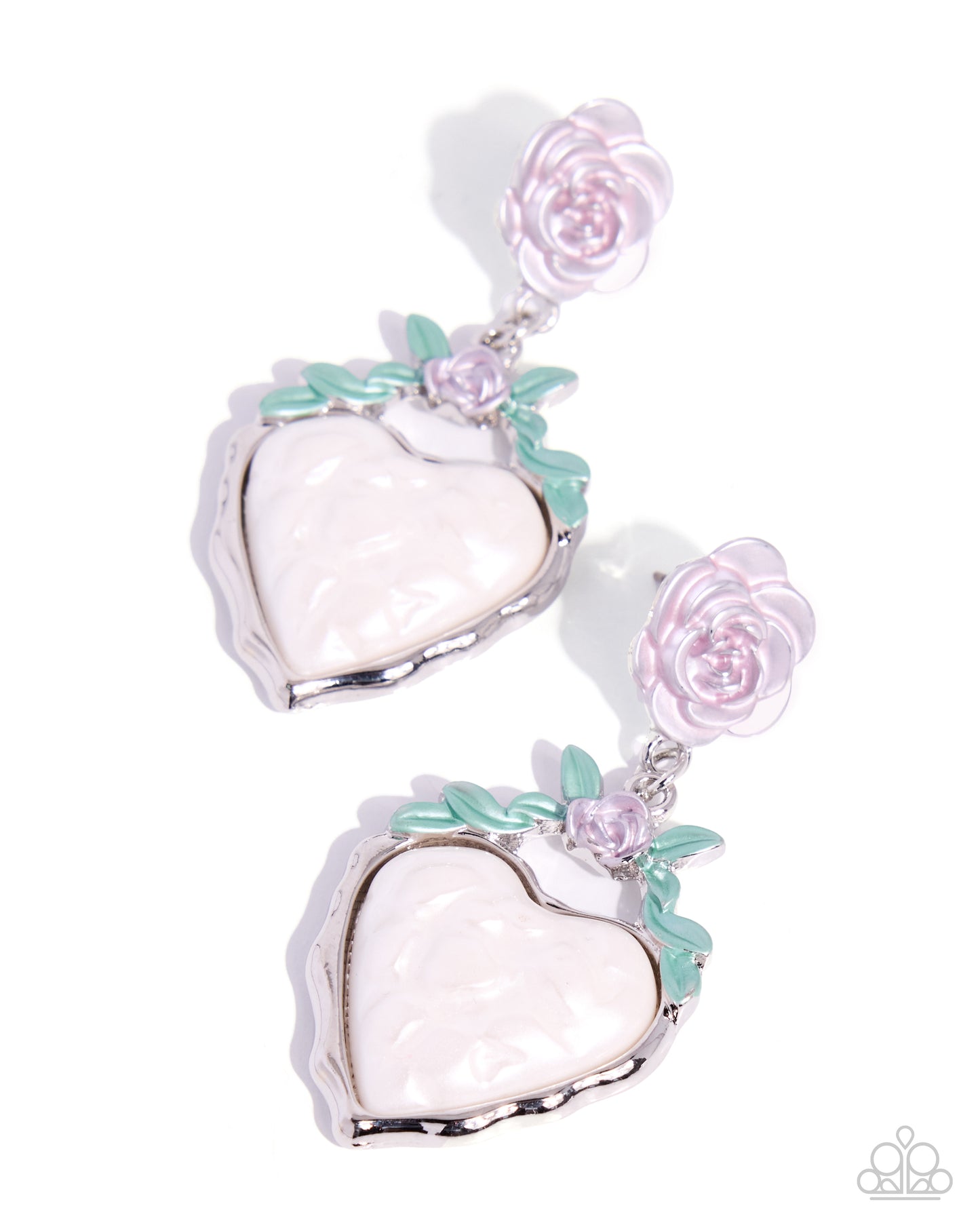 Pair of heart-shaped earrings with floral accents on a white background