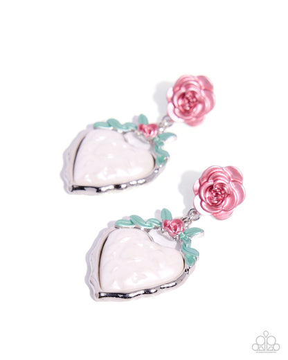 A pair of Paparazzi brand drop earrings featuring a white pear-shaped stone in a silver bezel, accented with pink rose studs and mint green leaves, set against a plain white background.