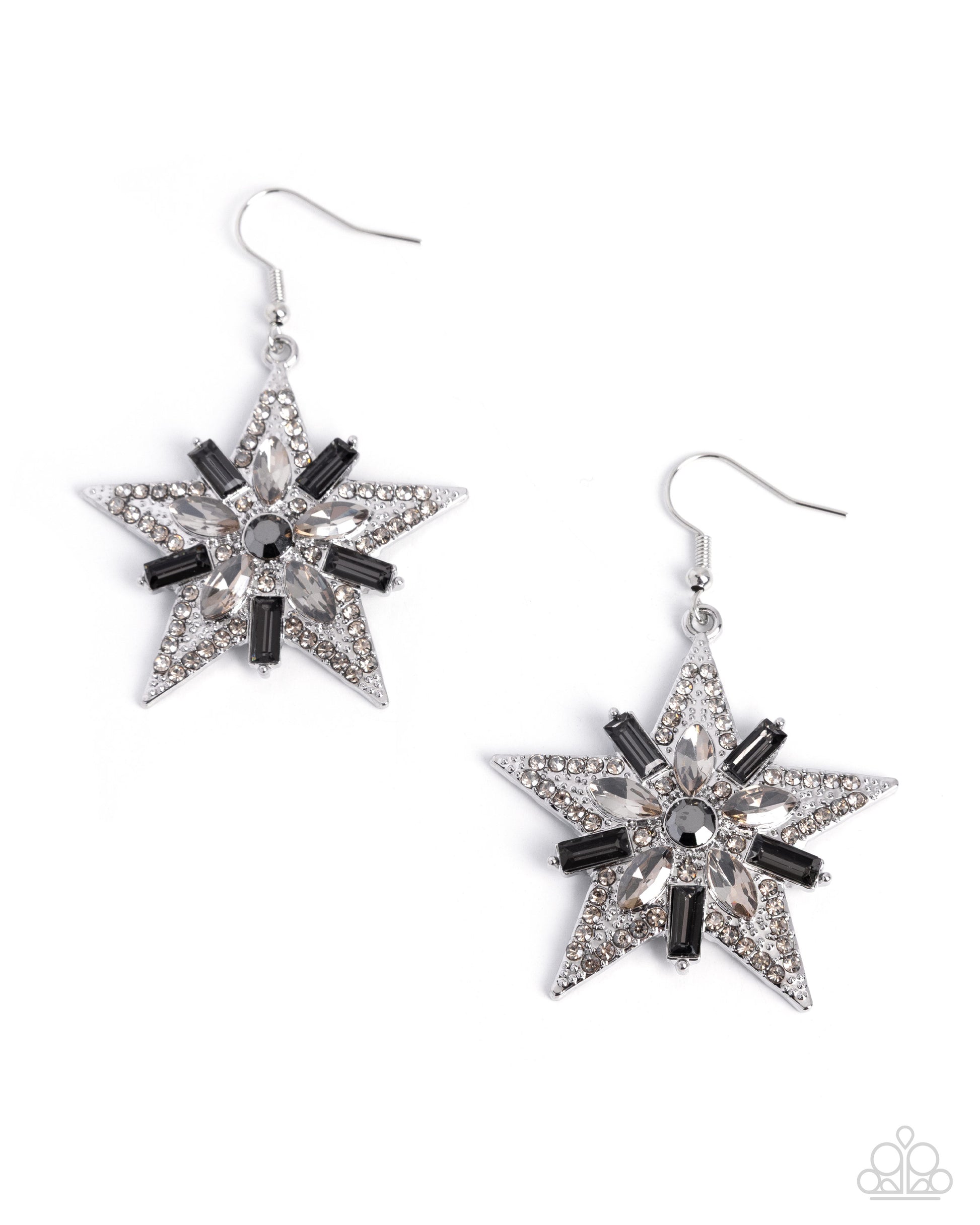 Star-shaped earrings with black and clear gemstones on a white background