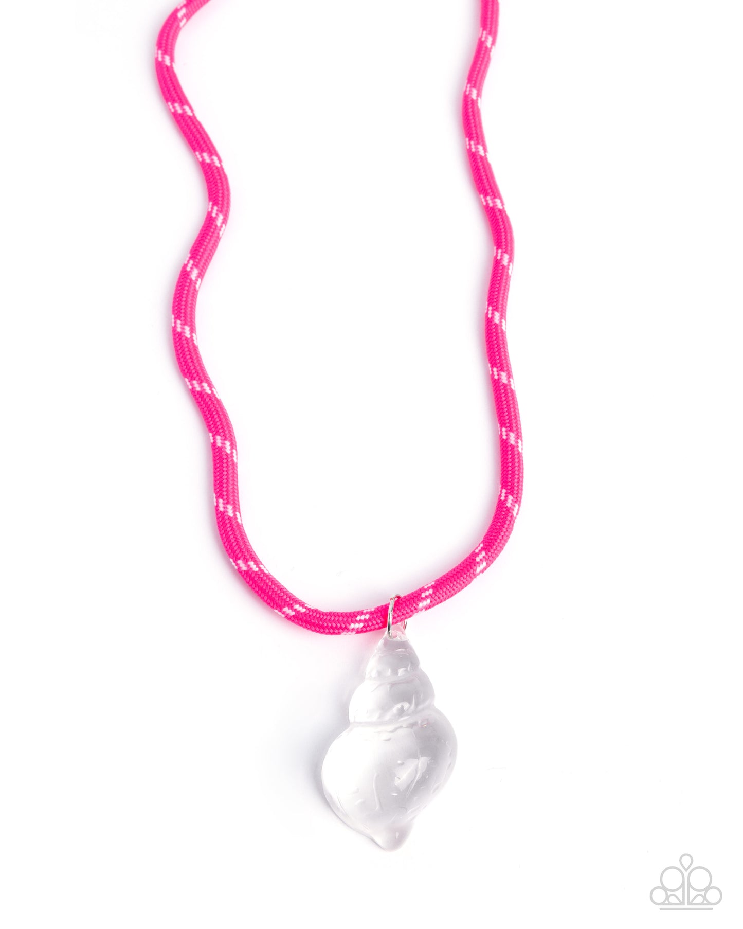 Necklace with pink and white patterned cord and white shell pendant on white background