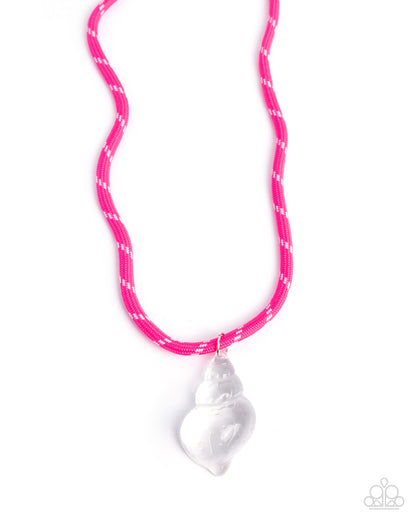 Necklace with pink and white patterned cord and white shell pendant on white background