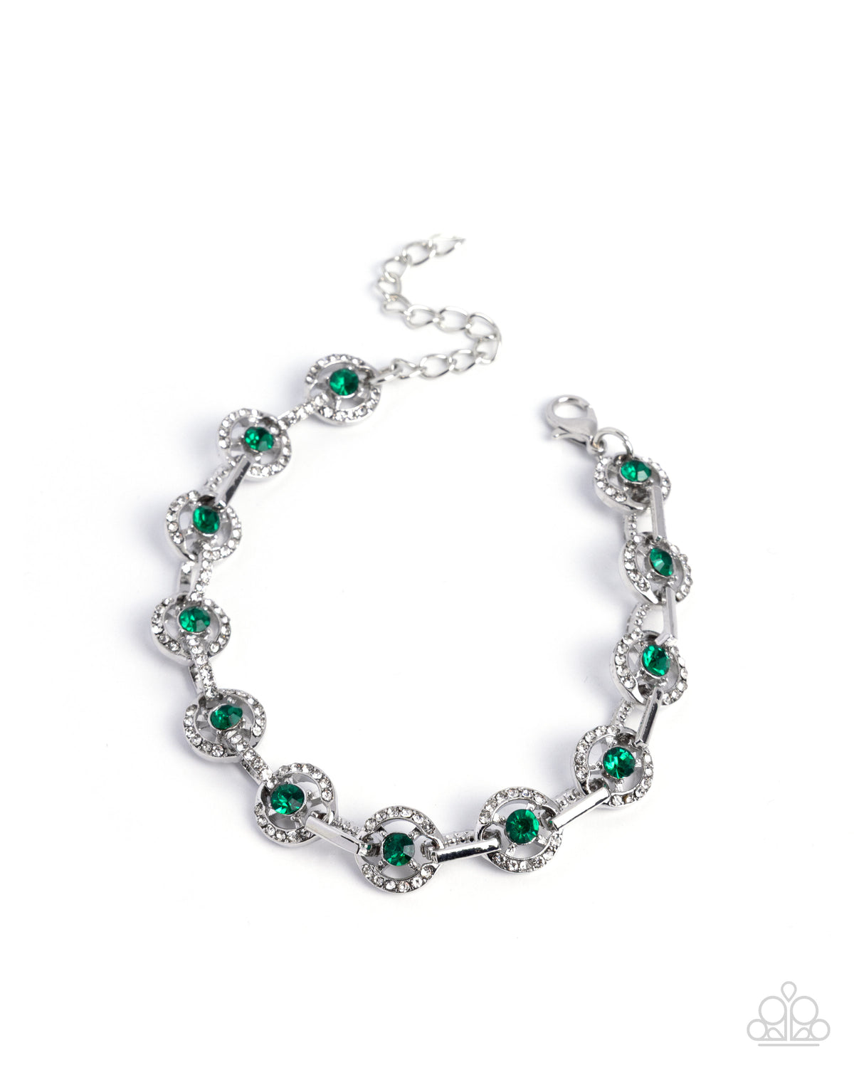 Green and silver rhinestone link bracelet with sparkling disc details