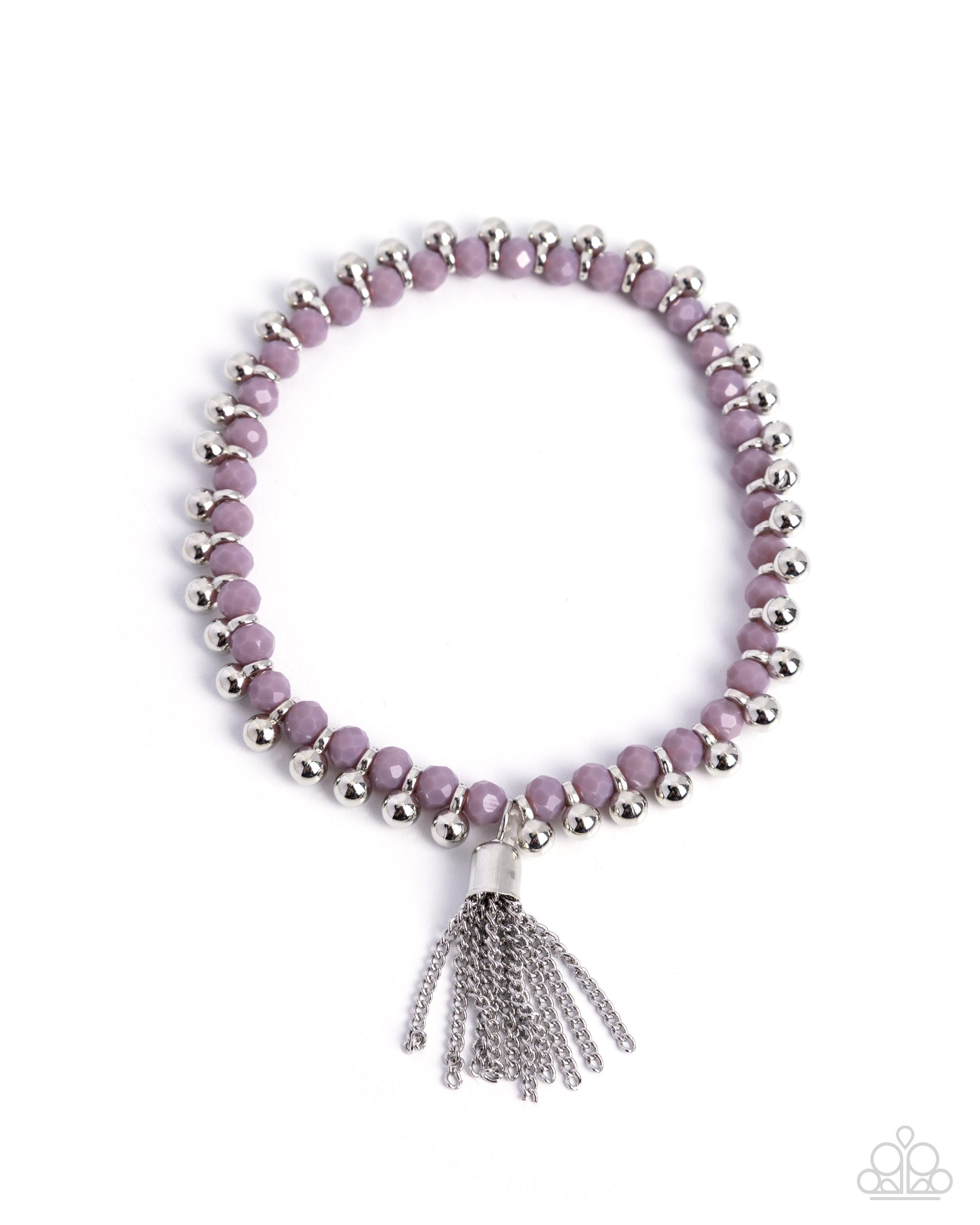 Purple beaded bracelet with silver beads and tassel on a white background