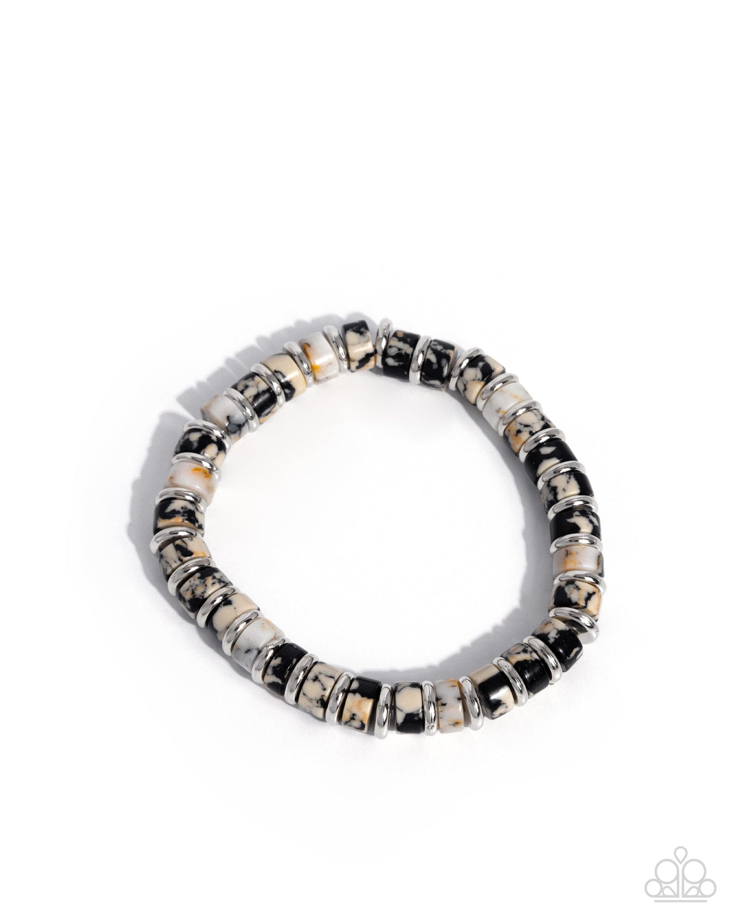 Forged Feature black natural stone stretch bracelet with silver discs