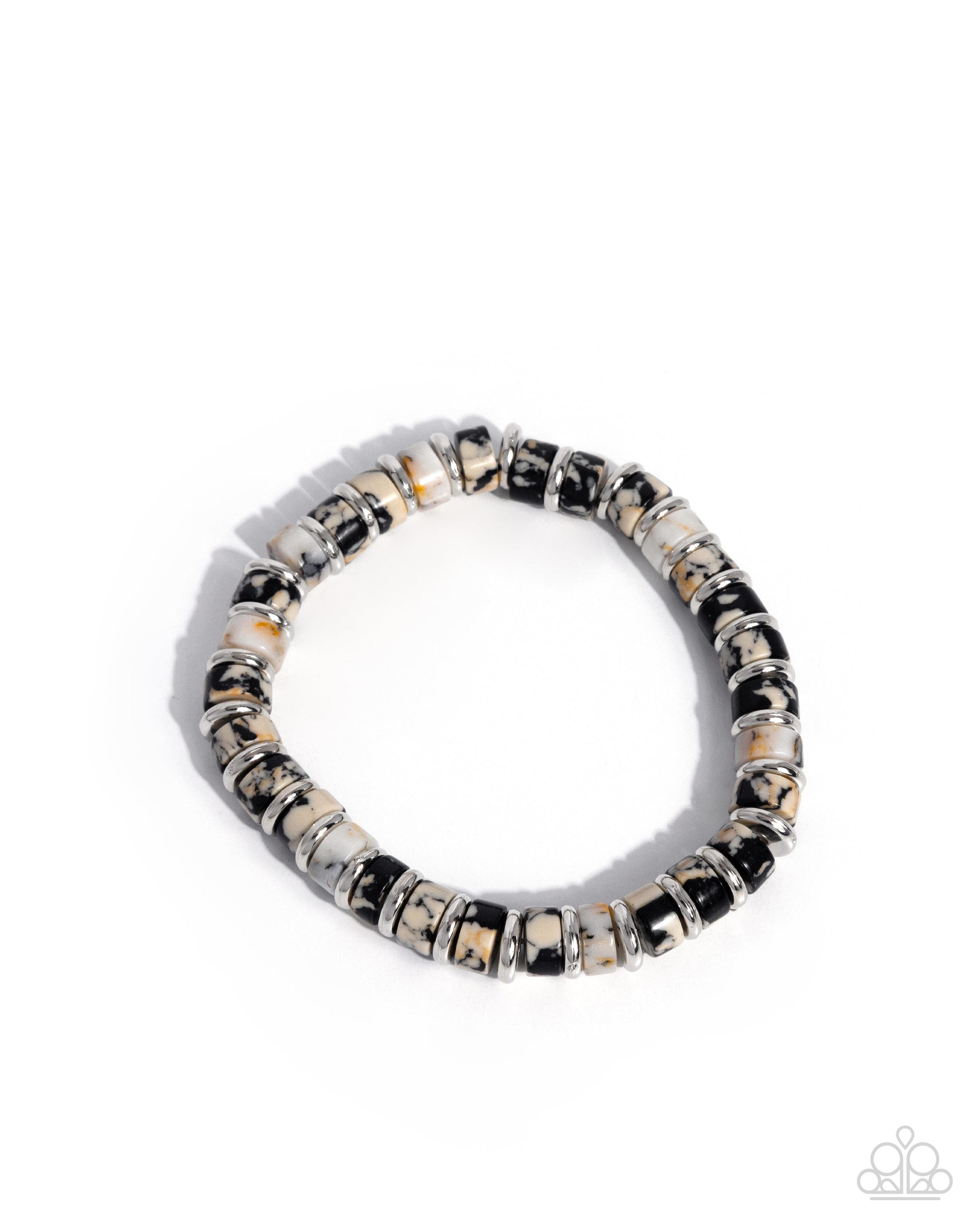 Forged Feature black natural stone stretch bracelet with silver discs