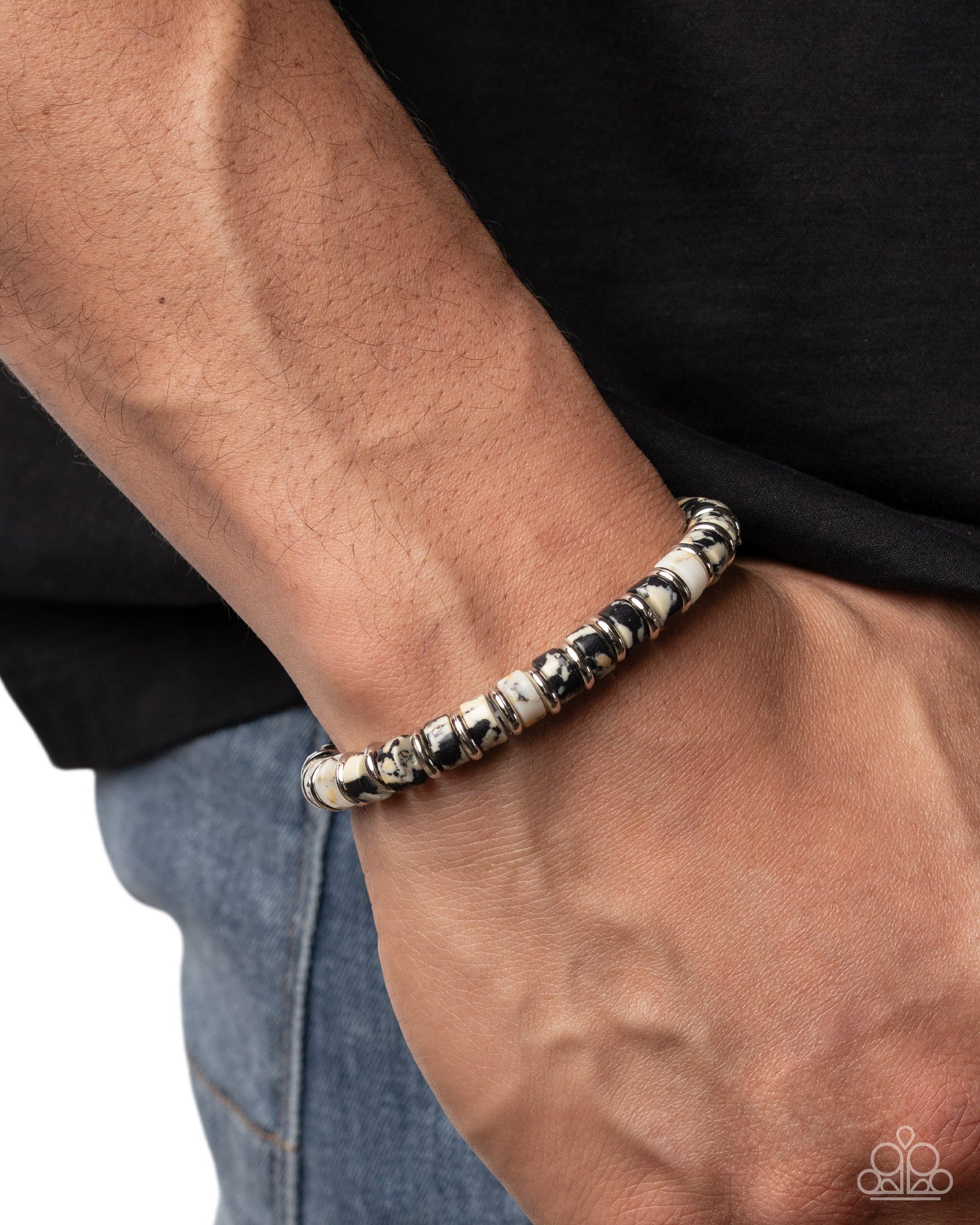 Forged Feature black stone and silver stretch bracelet detail