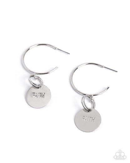 Silver hoop earrings with 'FAITH' charms on a white background