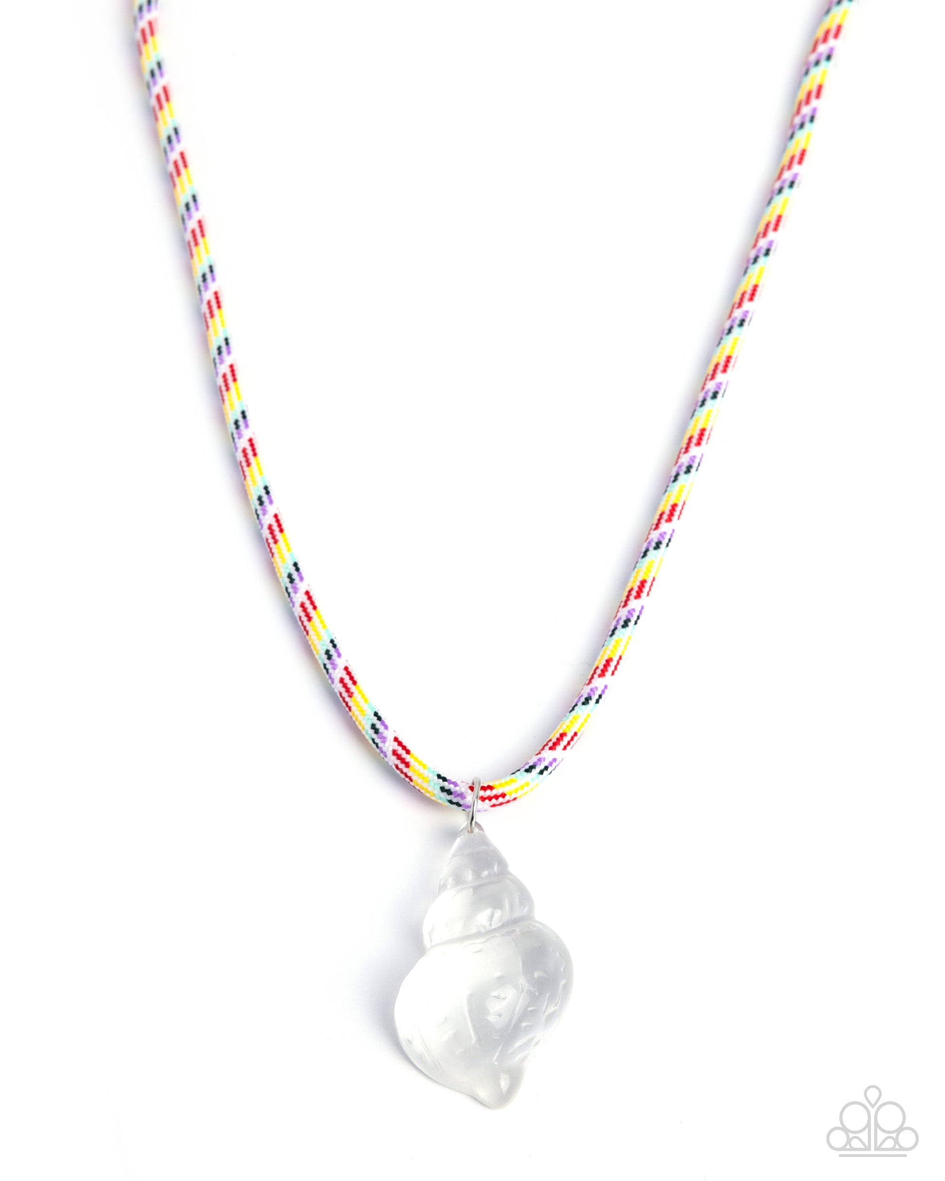 Necklace with a white heart pendant on a multicolored cord against a white background
