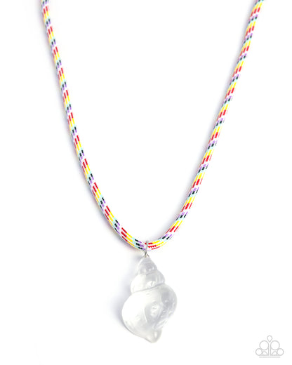 Necklace with a white heart pendant on a multicolored cord against a white background