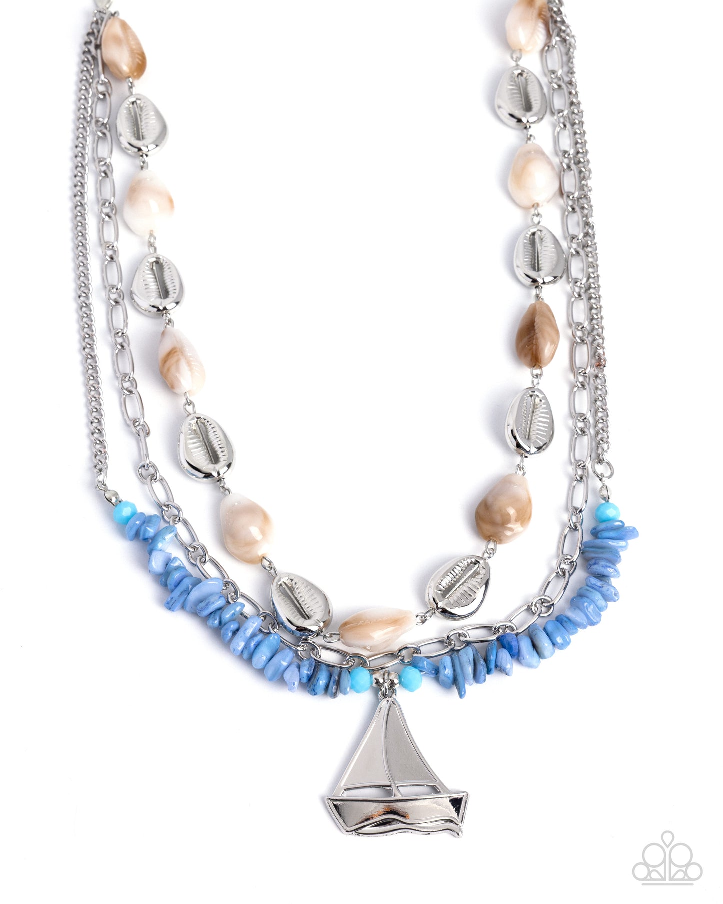 Multistrand necklace with blue beads, silver accents, and a sailboat charm on a white background
