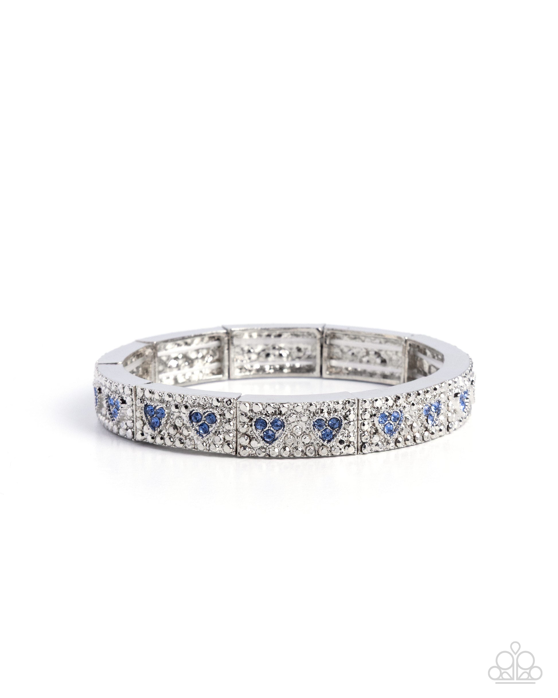 Silver bracelet with blue heart-shaped stones on a white background