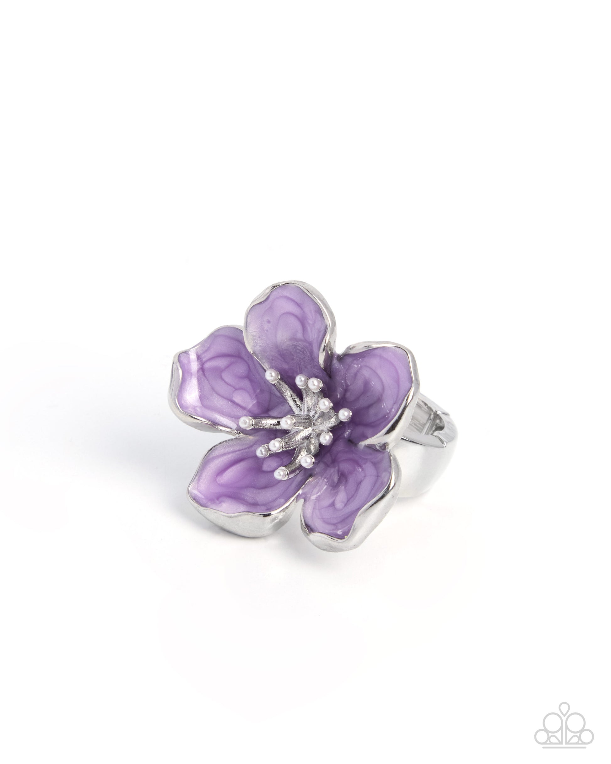 Purple flower-shaped ring with silver accents on a white background