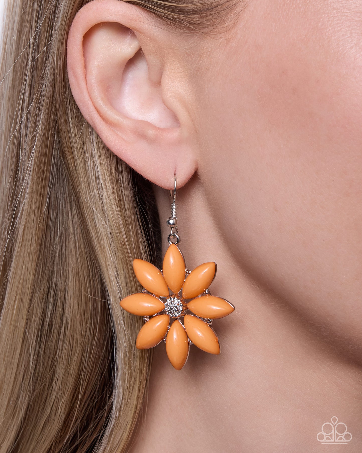 Blossoming Debut orange flower earrings detail view - Jewelry by Bretta