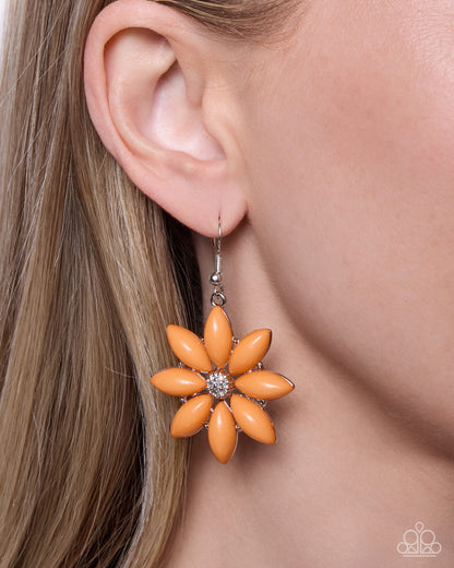 Blossoming Debut orange flower earrings detail view - Jewelry by Bretta