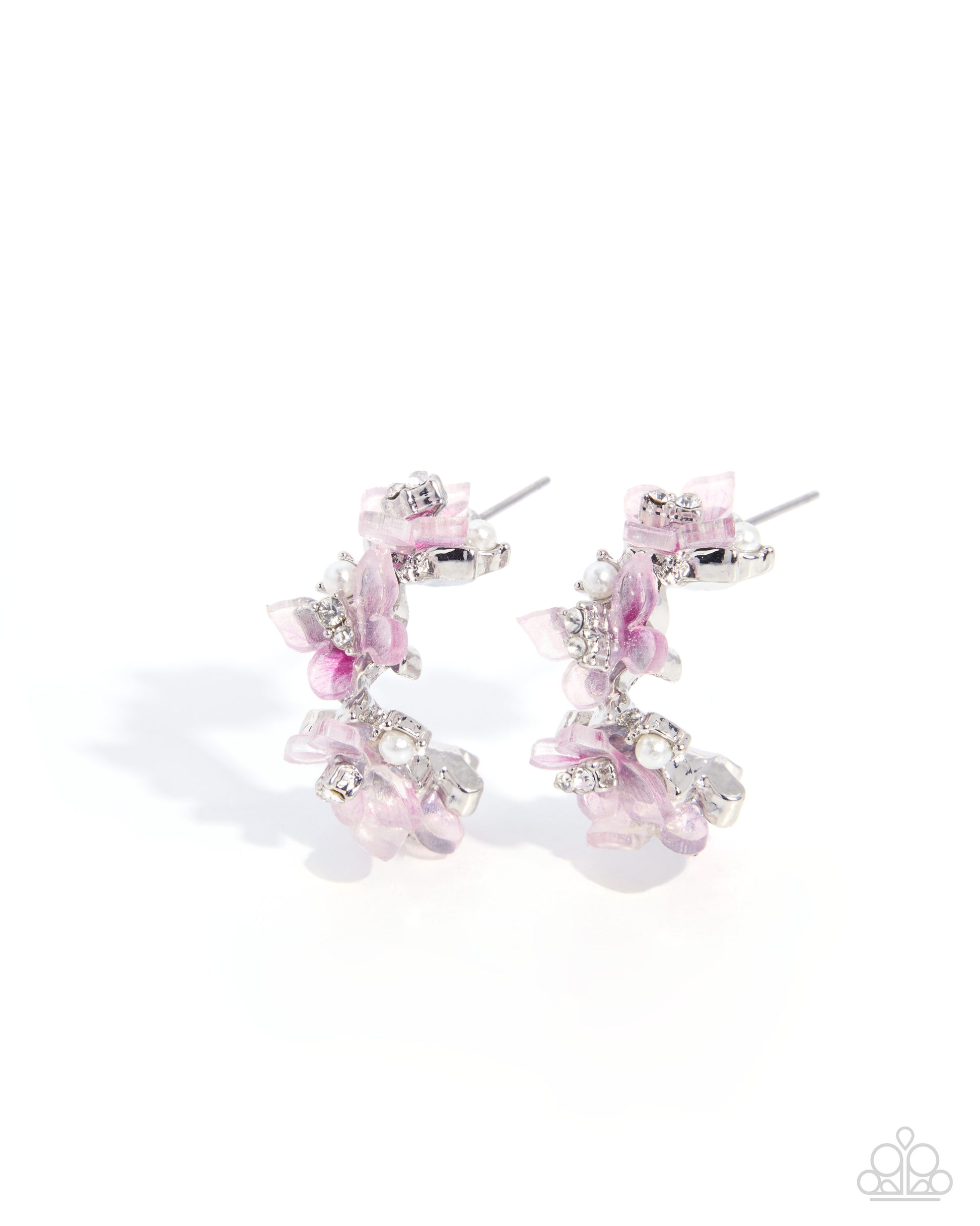 A pair of Paparazzi brand hoop earrings featuring light pink cherry blossoms and clear rhinestones on a white background.