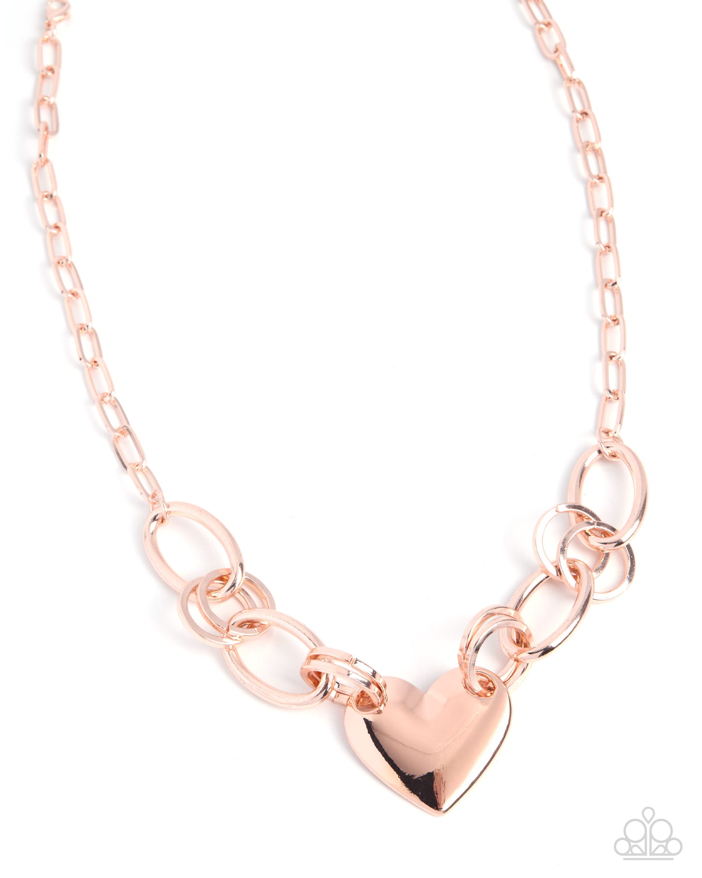 Rose gold chain necklace featuring a polished heart-shaped pendant and interlocking oval links, shown on a plain white background.
