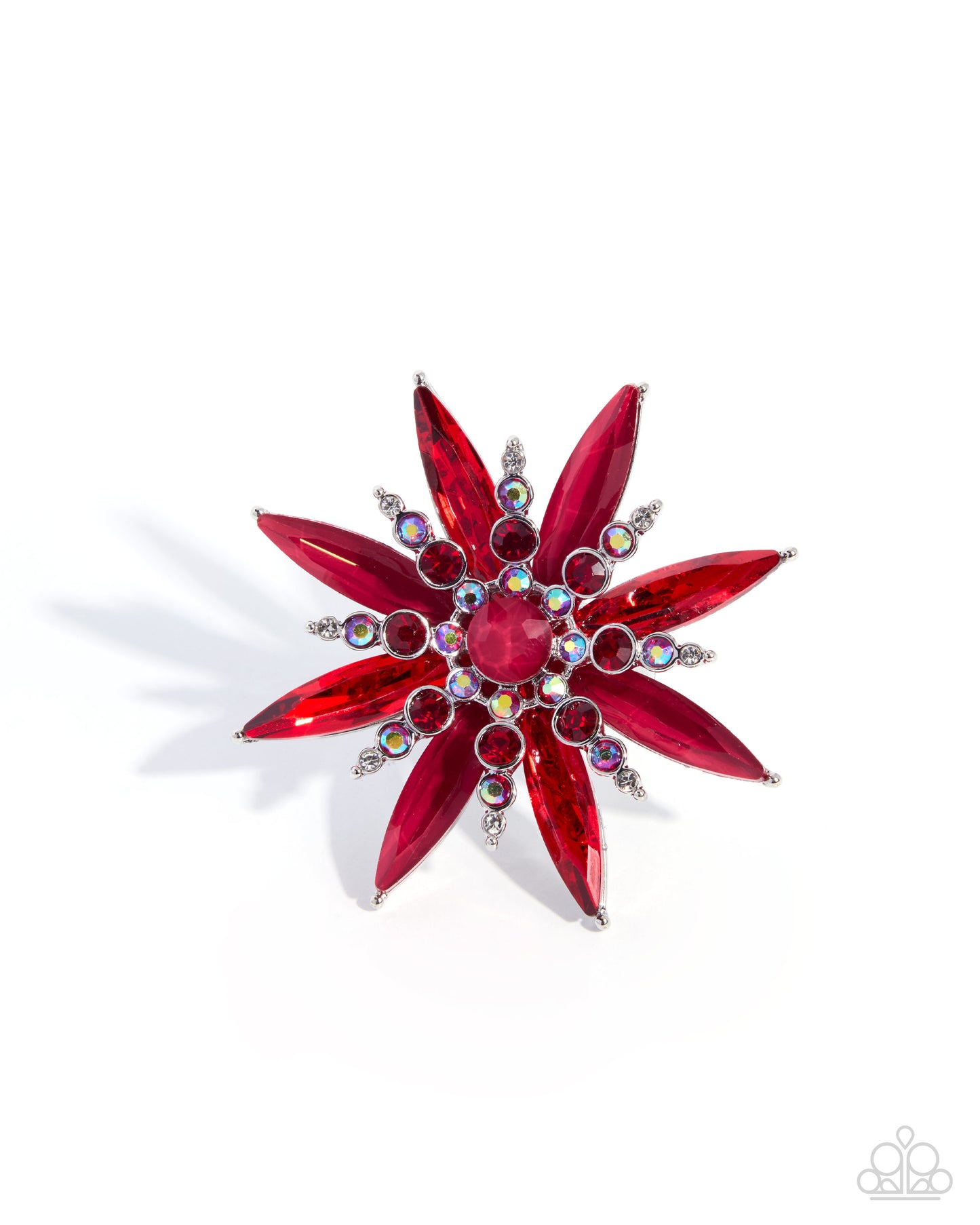 A red flower-shaped brooch featuring faceted red crystals and small silver-toned rhinestone accents, photographed on a clean white background.