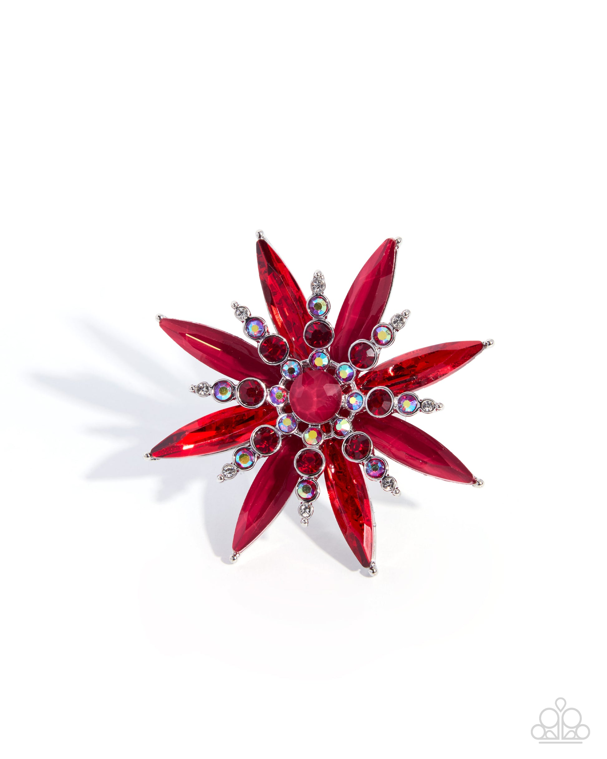 A red flower-shaped brooch featuring faceted red crystals and small silver-toned rhinestone accents, photographed on a clean white background.