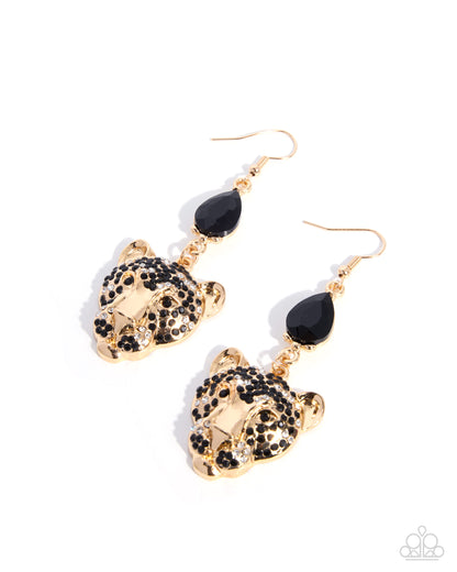 A pair of gold-tone dangle earrings featuring a small leopard head charm encrusted with black rhinestones, a black teardrop bead, and gold fishhook wires, shown on a plain white background.