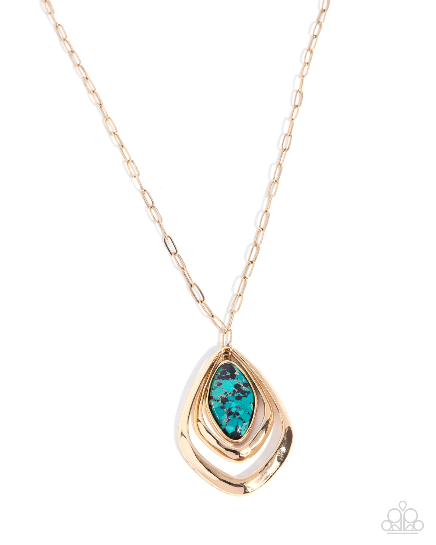 A gold chain necklace with a teardrop-shaped pendant featuring a textured turquoise stone in a gold frame, set against a plain white background.