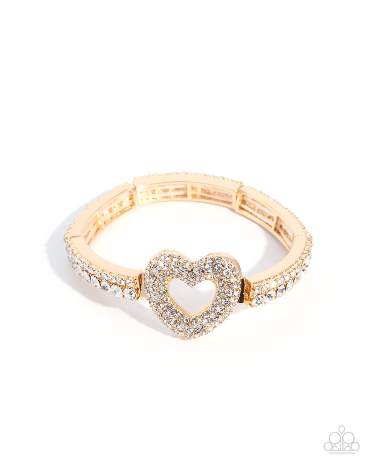 A rose gold bracelet featuring a central heart-shaped pavé centerpiece and matching pavé-set sections on the band, photographed on a clean white background.