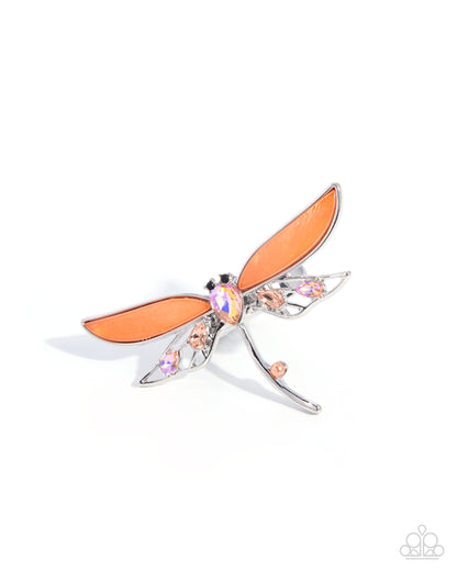 Dragonfly Demo Orange Shell & Gem Stretch Ring by Paparazzi Accessories