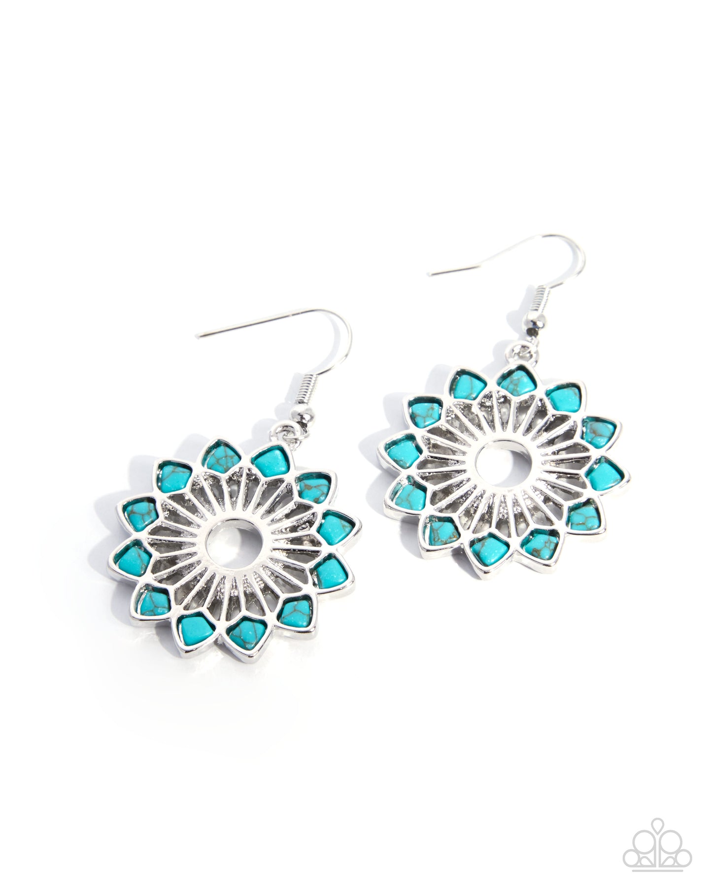 A pair of silver-tone dangle earrings with turquoise blue faceted stone accents arranged in a circular floral pattern, shown on a plain white background.