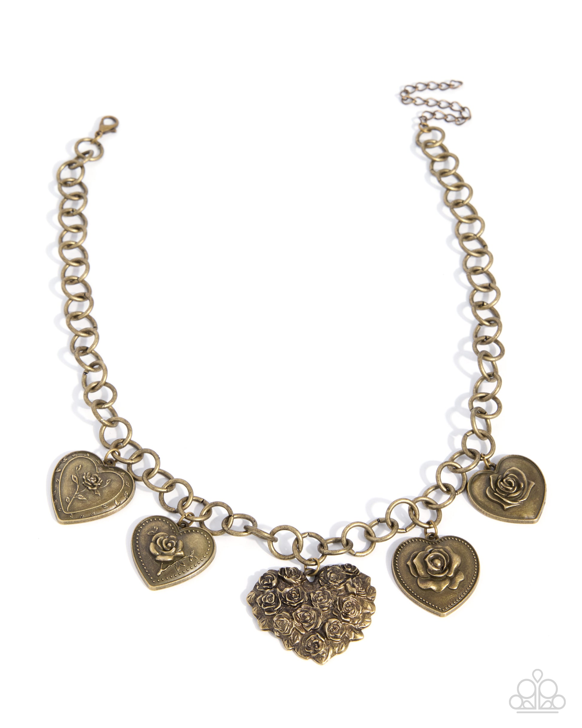Gold chain necklace with heart-shaped charms on a white background