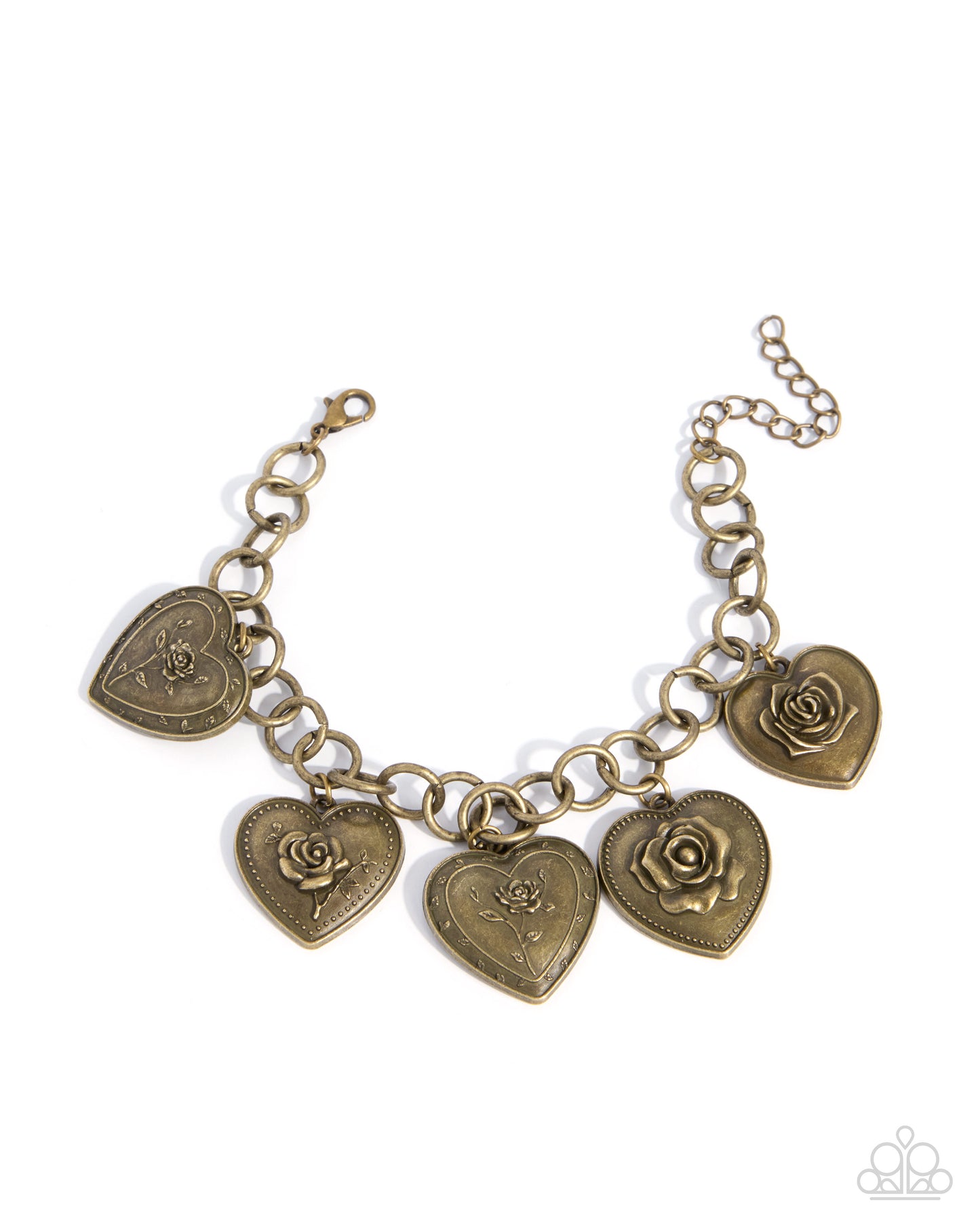 Bronze bracelet with heart-shaped charms featuring roses on a white background