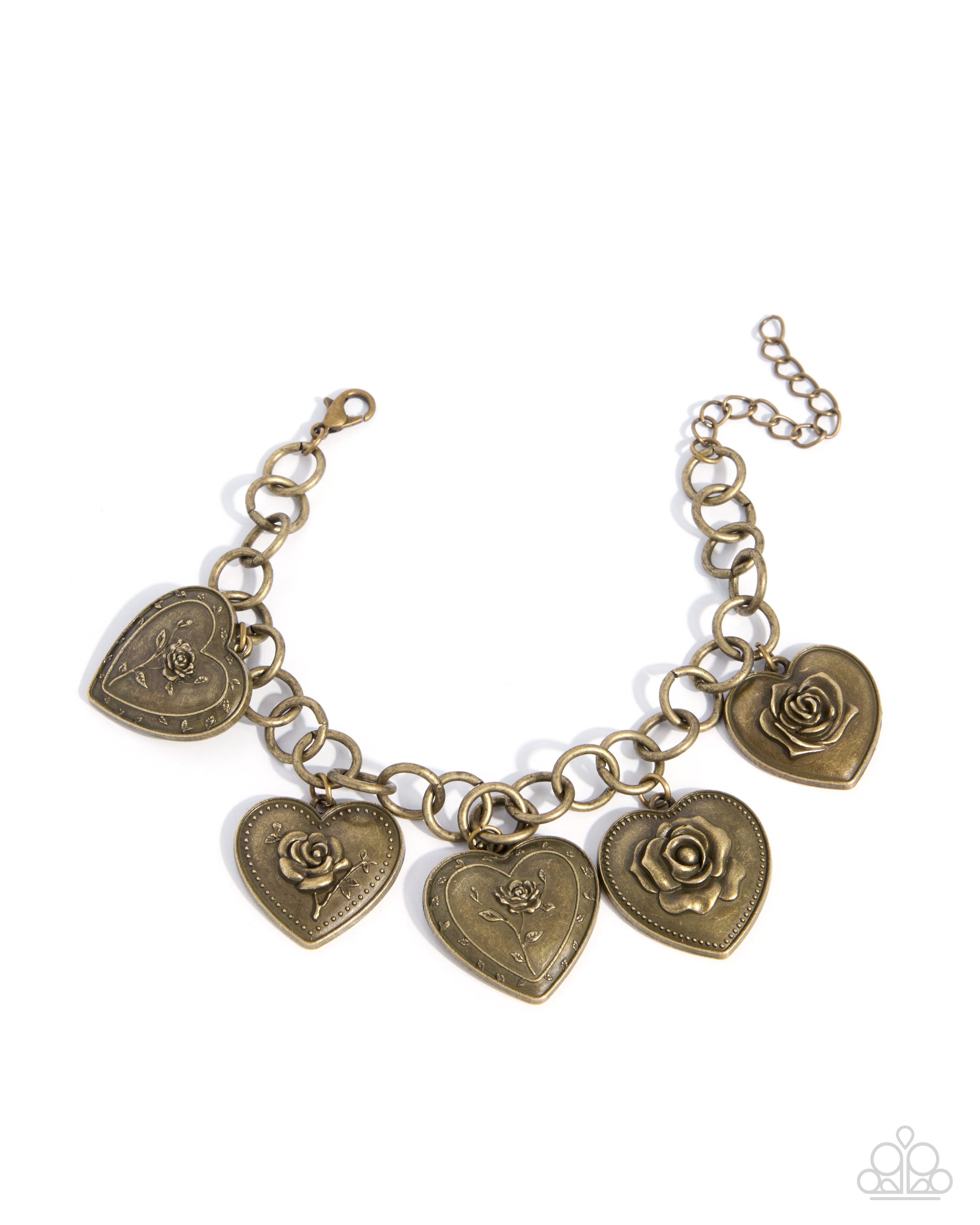 Bronze bracelet with heart-shaped charms featuring roses on a white background