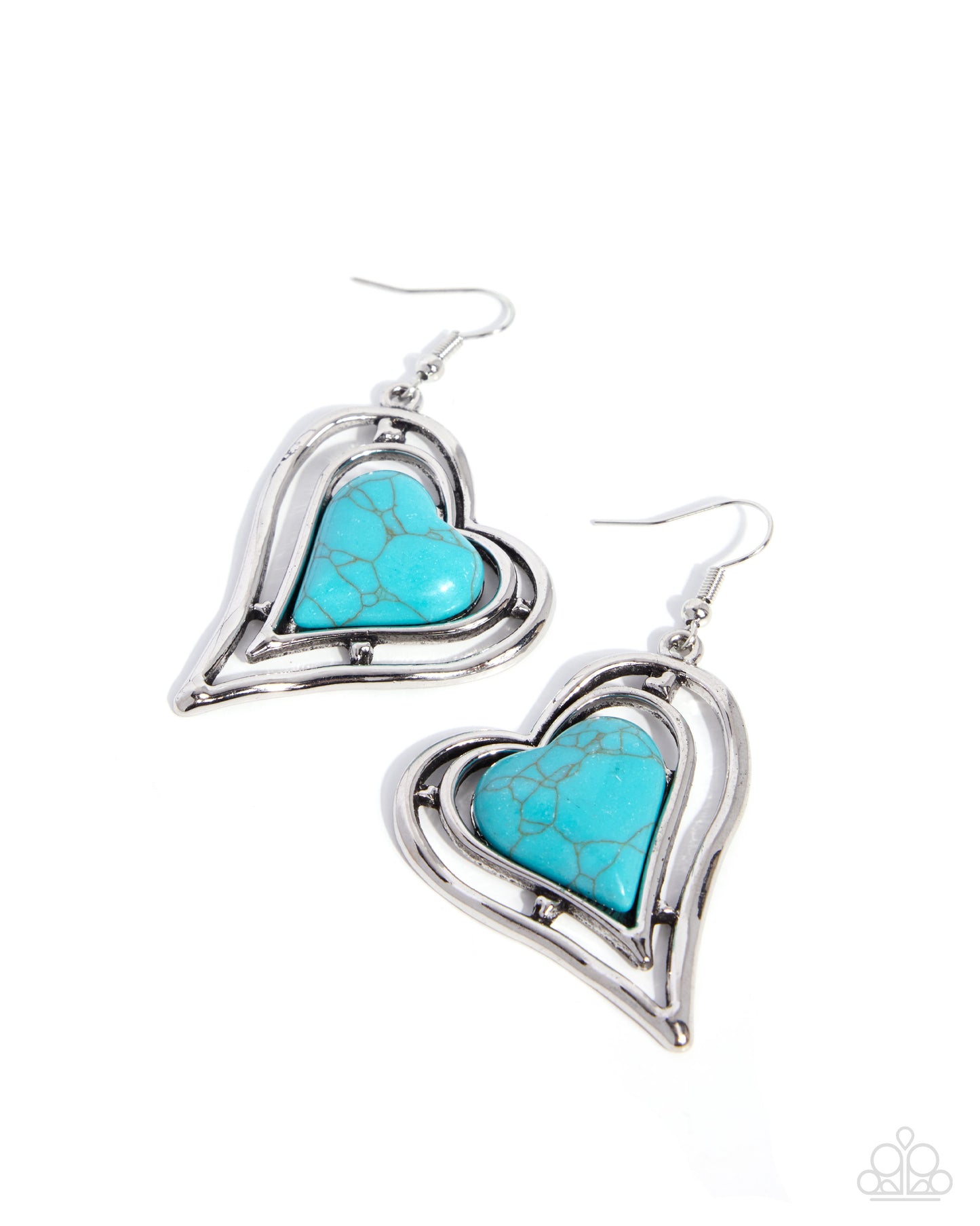 Silver heart-shaped dangle earrings with a central turquoise stone inlay, shown on a plain white background.
