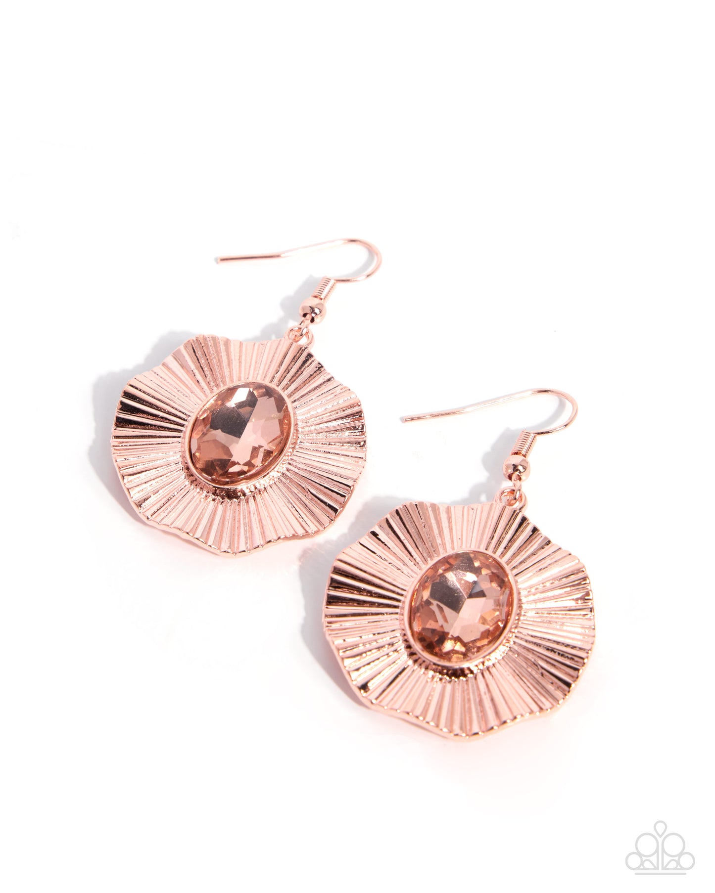 Rose gold dangling earrings with a textured, sunburst-like circular design and a faceted rose gold gemstone in the center, shown on a white background.
