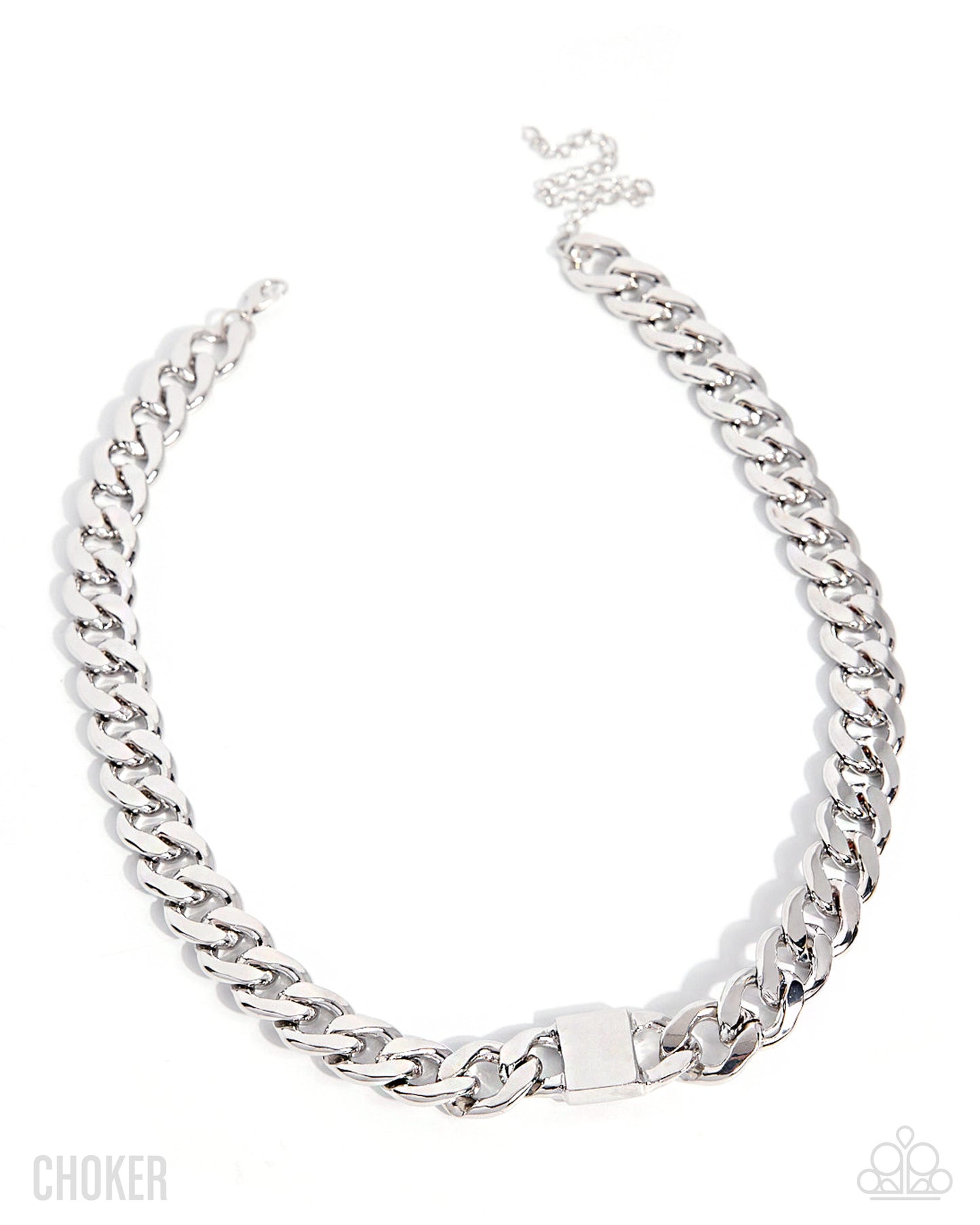 A silver-toned chunky curb chain necklace with a square clasp, displayed on a clean white background. The brand name 'CHOKER' is printed in the bottom-left corner, and the Adidas logo is visible in the bottom-right corner.