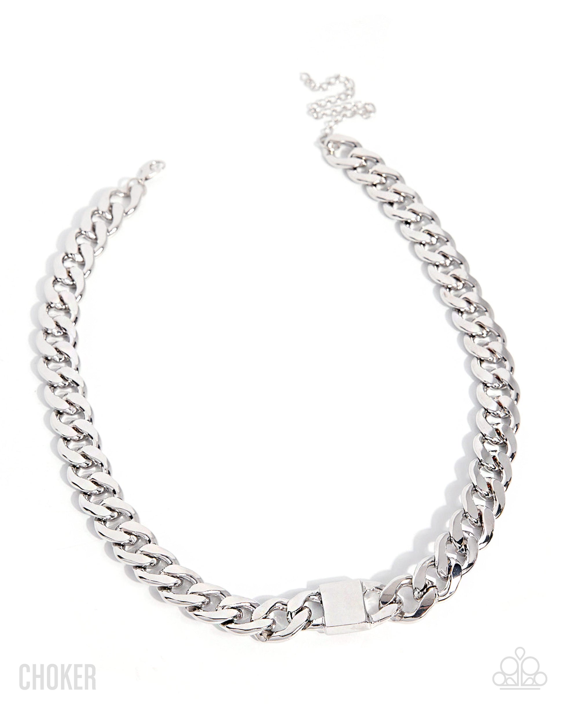 A silver-toned chunky curb chain necklace with a square clasp, displayed on a clean white background. The brand name 'CHOKER' is printed in the bottom-left corner, and the Adidas logo is visible in the bottom-right corner.
