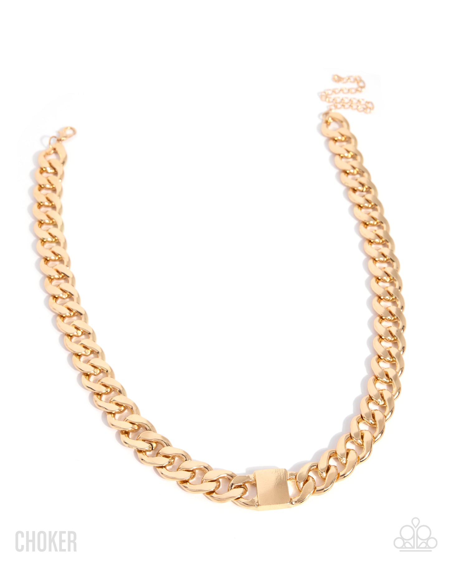A gold-toned chunky curb chain necklace with a matching extender chain and clasp, displayed on a clean white background.
