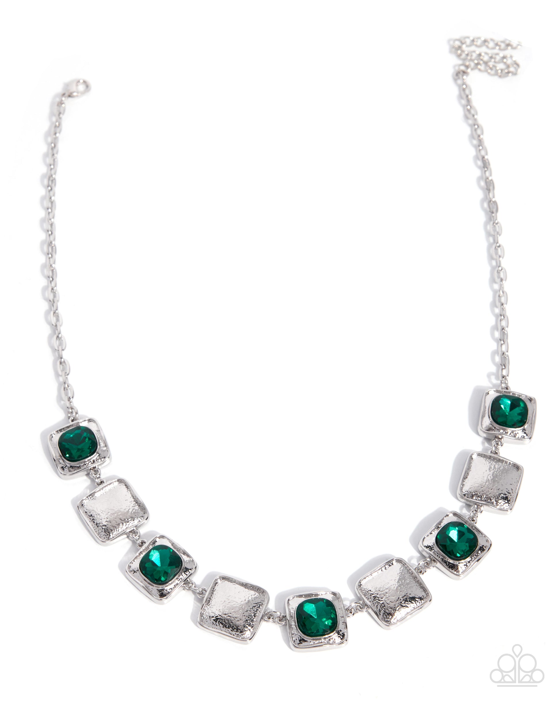 Cause of My Euphoria green emerald gem necklace with hammered silver squares