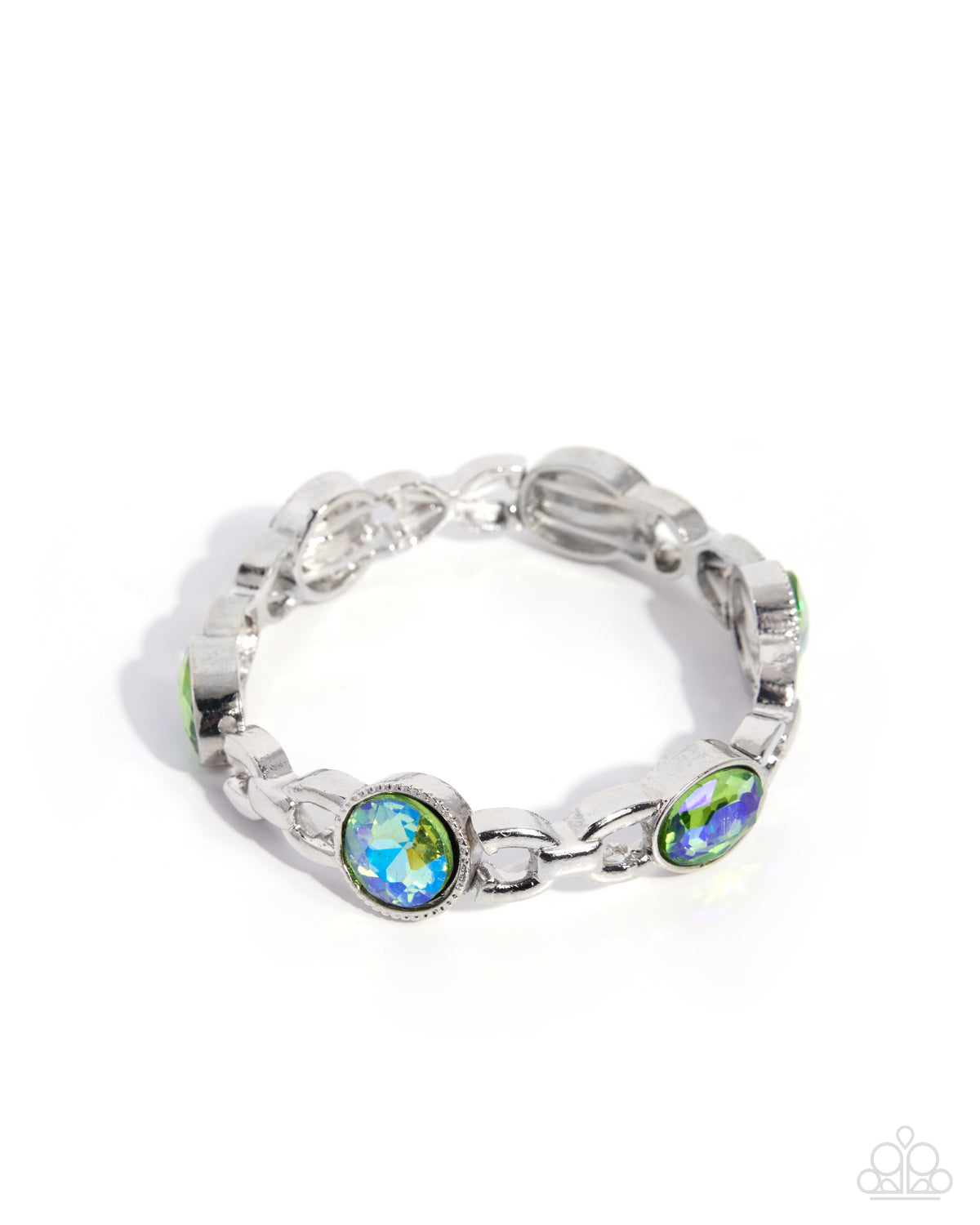 A silver chain bracelet with oval green and blue iridescent cabochon gemstones, shown on a clean white background.