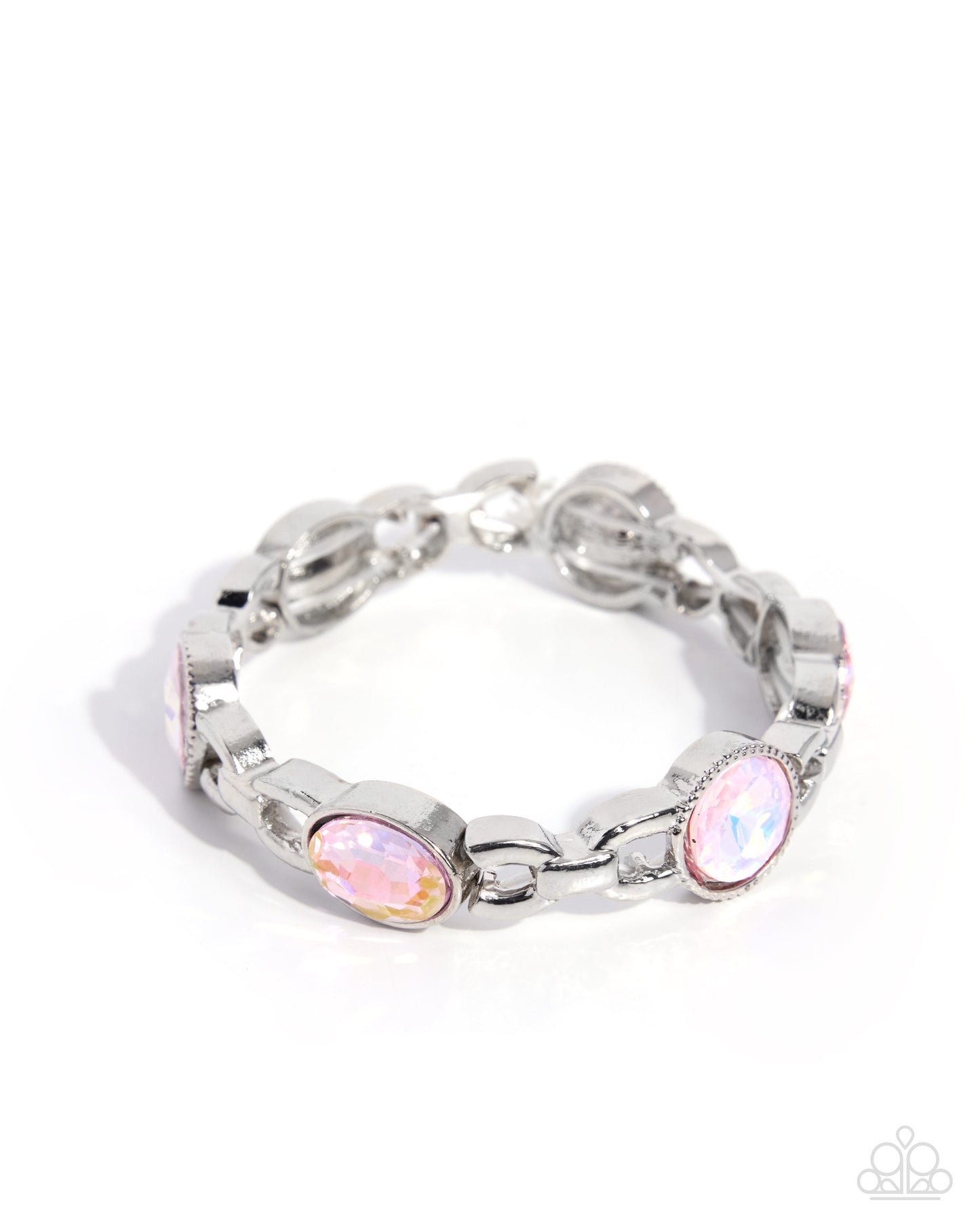 A silver chain bracelet featuring oval iridescent pink opal-like stones, shown on a clean white background.