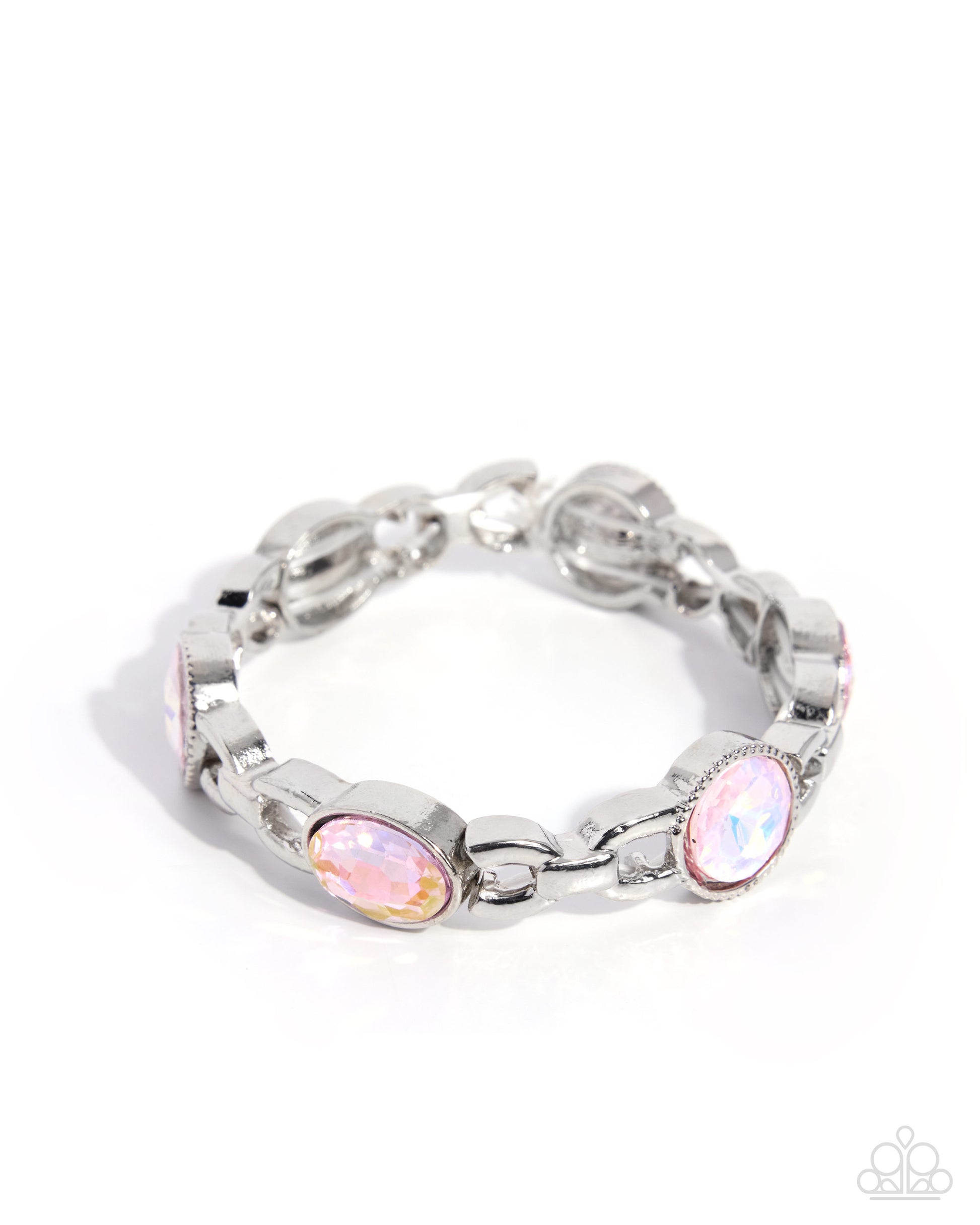 A silver chain bracelet featuring oval iridescent pink opal-like stones, shown on a clean white background.