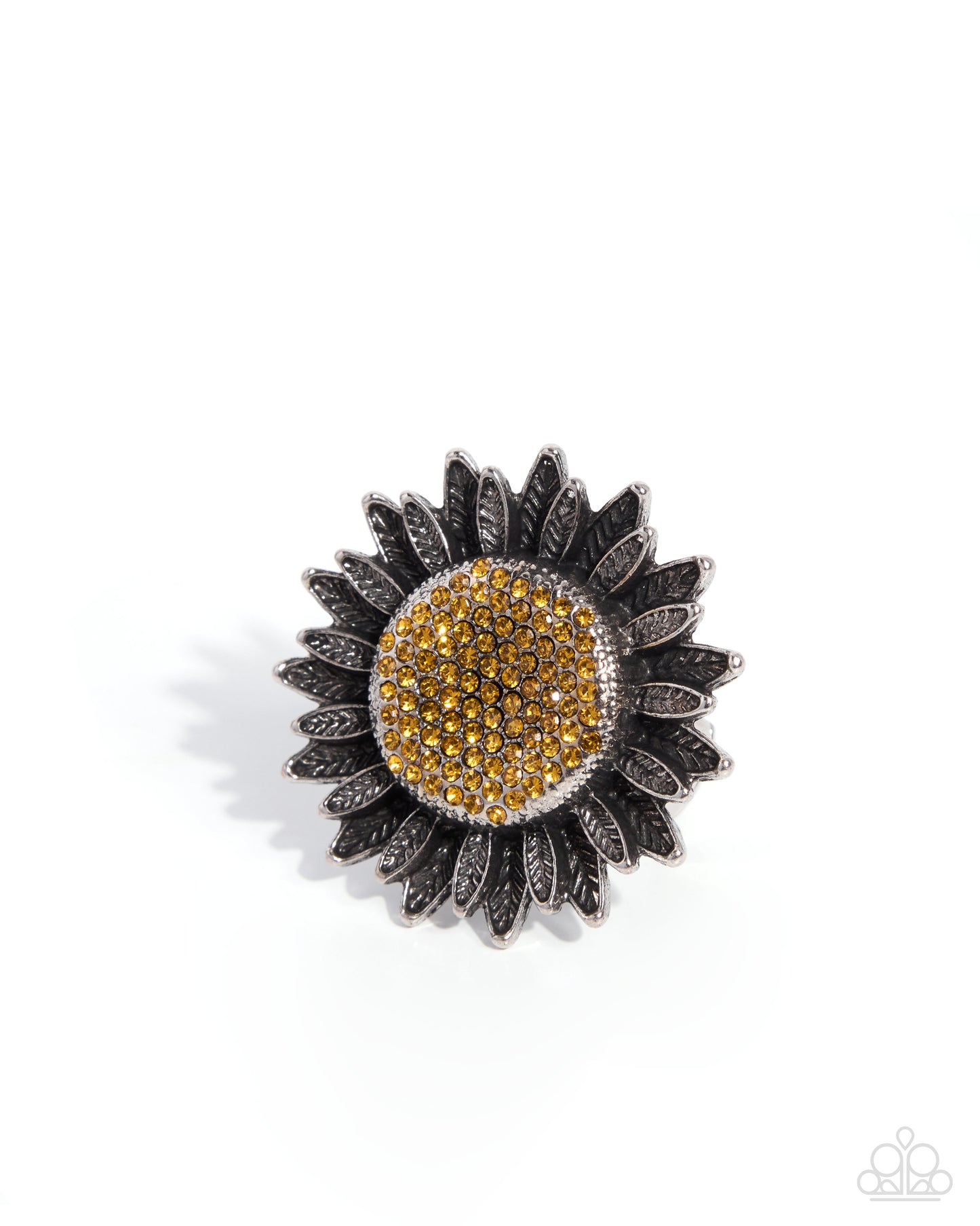 A flower-shaped brooch featuring a textured dark silver outer petal border and a central gold-paved circle, shown on a plain white background.