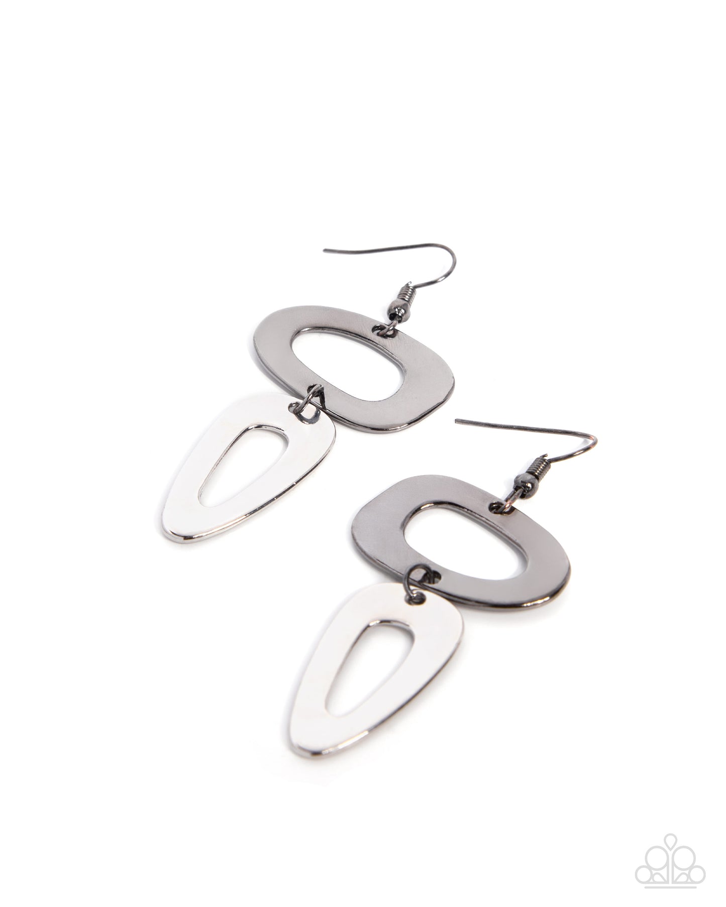 A pair of silver geometric dangle earrings with overlapping oval and teardrop-shaped cutouts, shown on a plain white background.