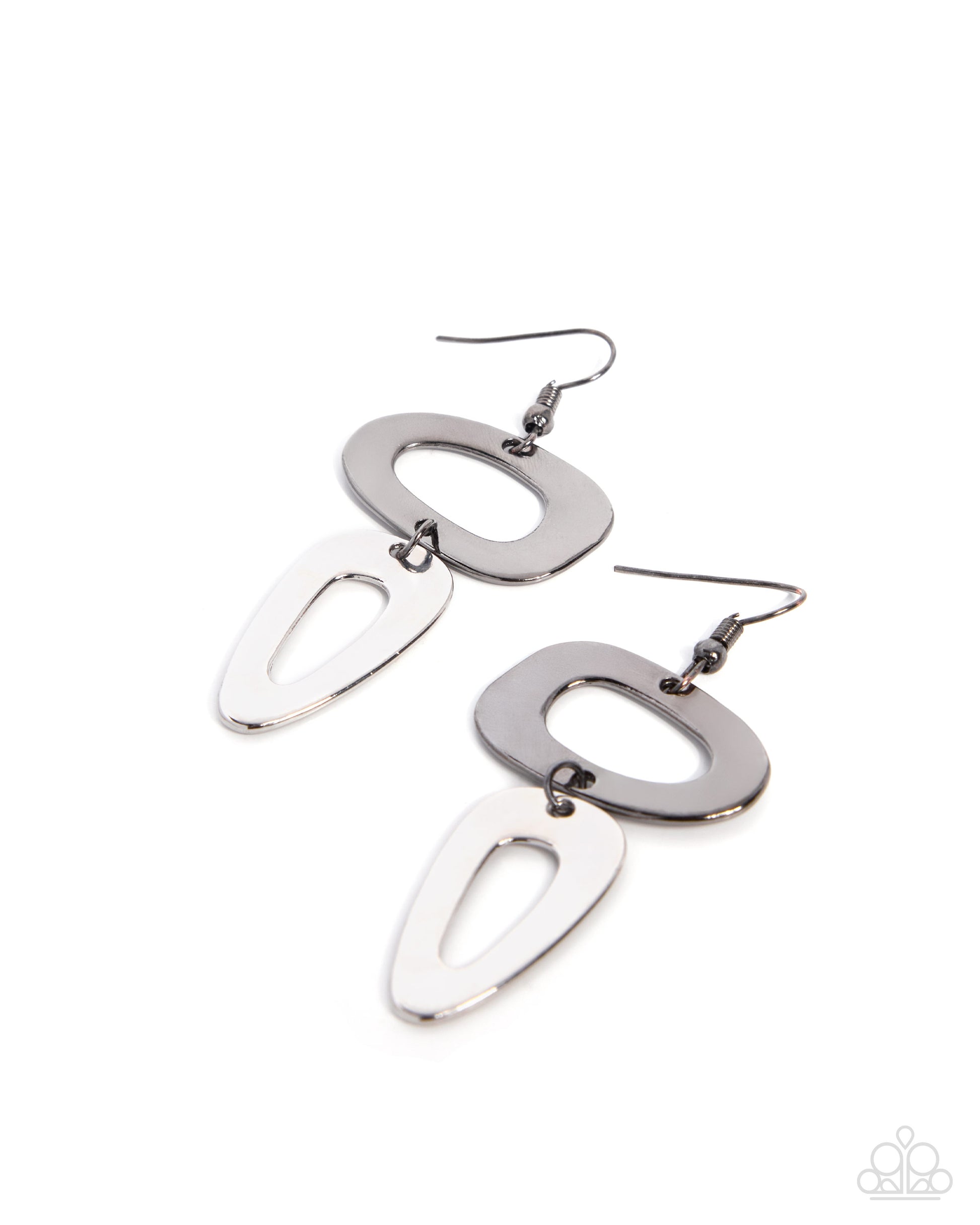 A pair of silver geometric dangle earrings with overlapping oval and teardrop-shaped cutouts, shown on a plain white background.