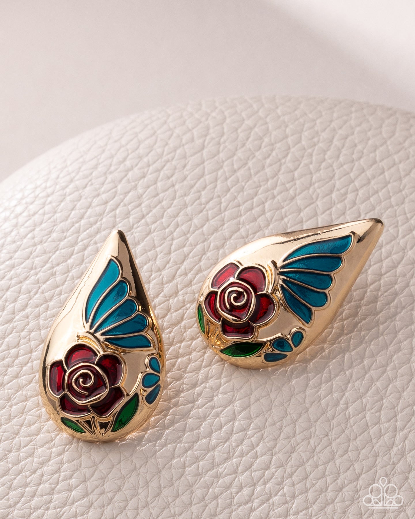 Ornamental Obligato floral earring detail with turquoise and gold | Jewelry by Bretta