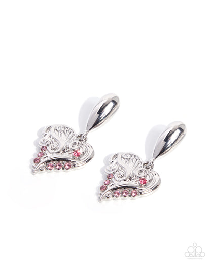 Secret Suitor pink heart post earrings with rose rhinestones