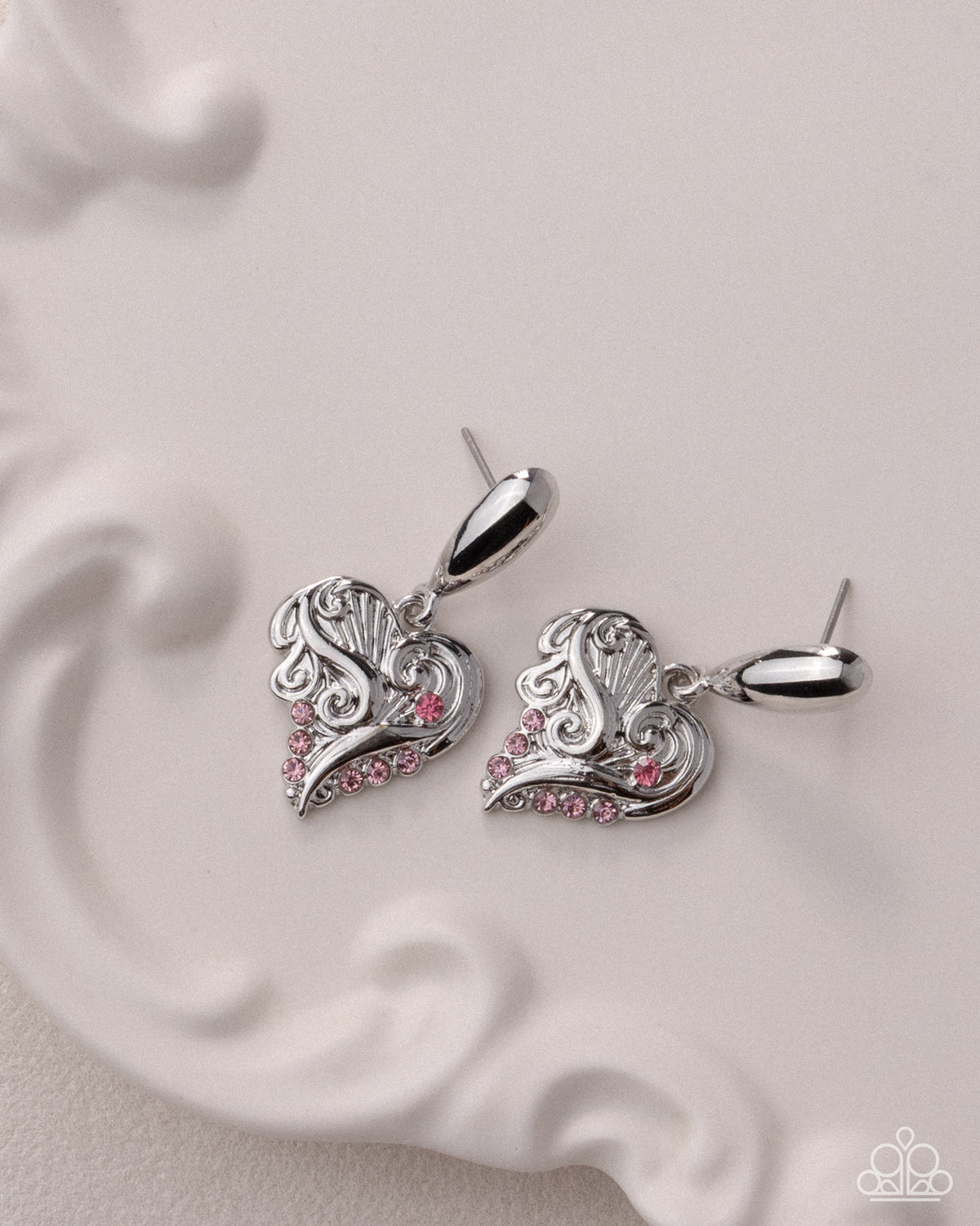 Secret Suitor pink rhinestone heart earring detail