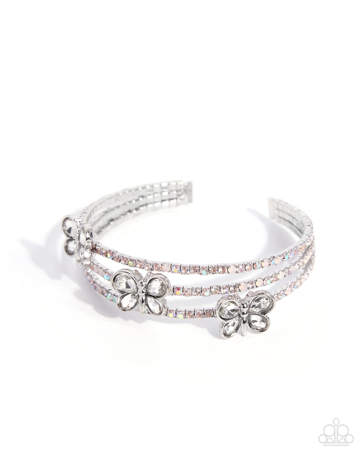 A silver-toned triple-band cuff bracelet decorated with clear rhinestones and three butterfly charms, shown on a clean white background.