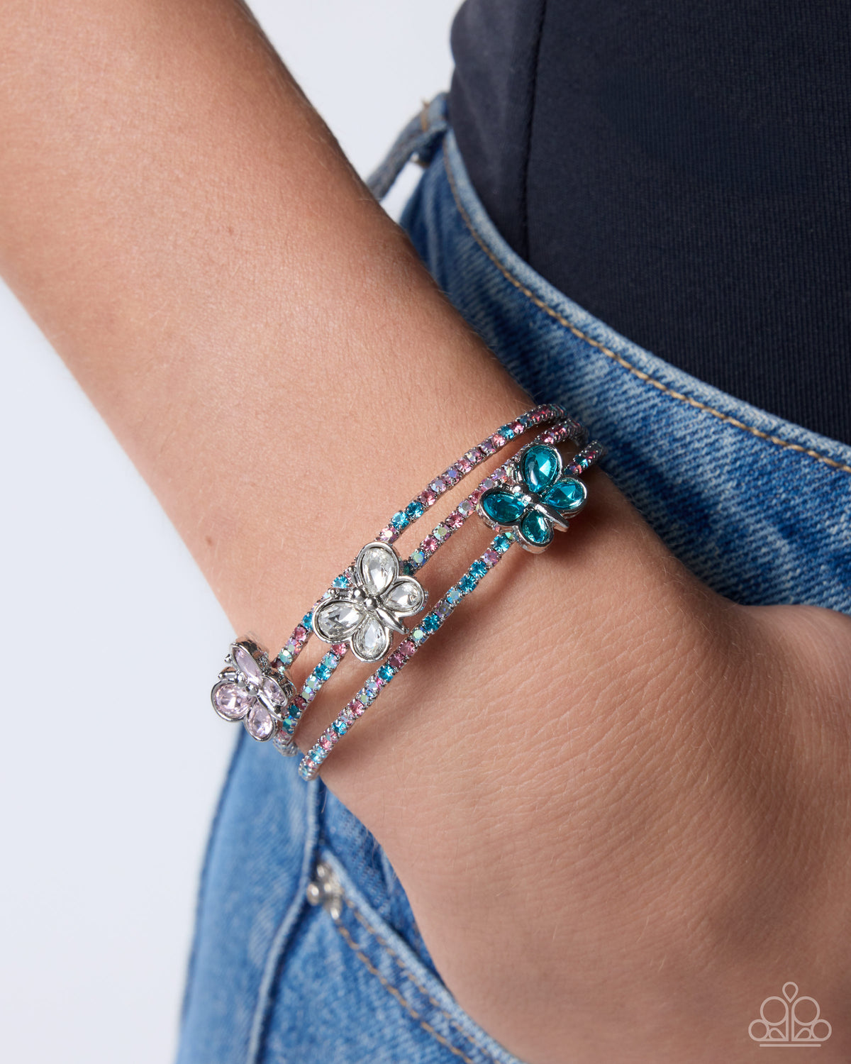 Butterfly Story silver butterfly rhinestone cuff bracelet detail